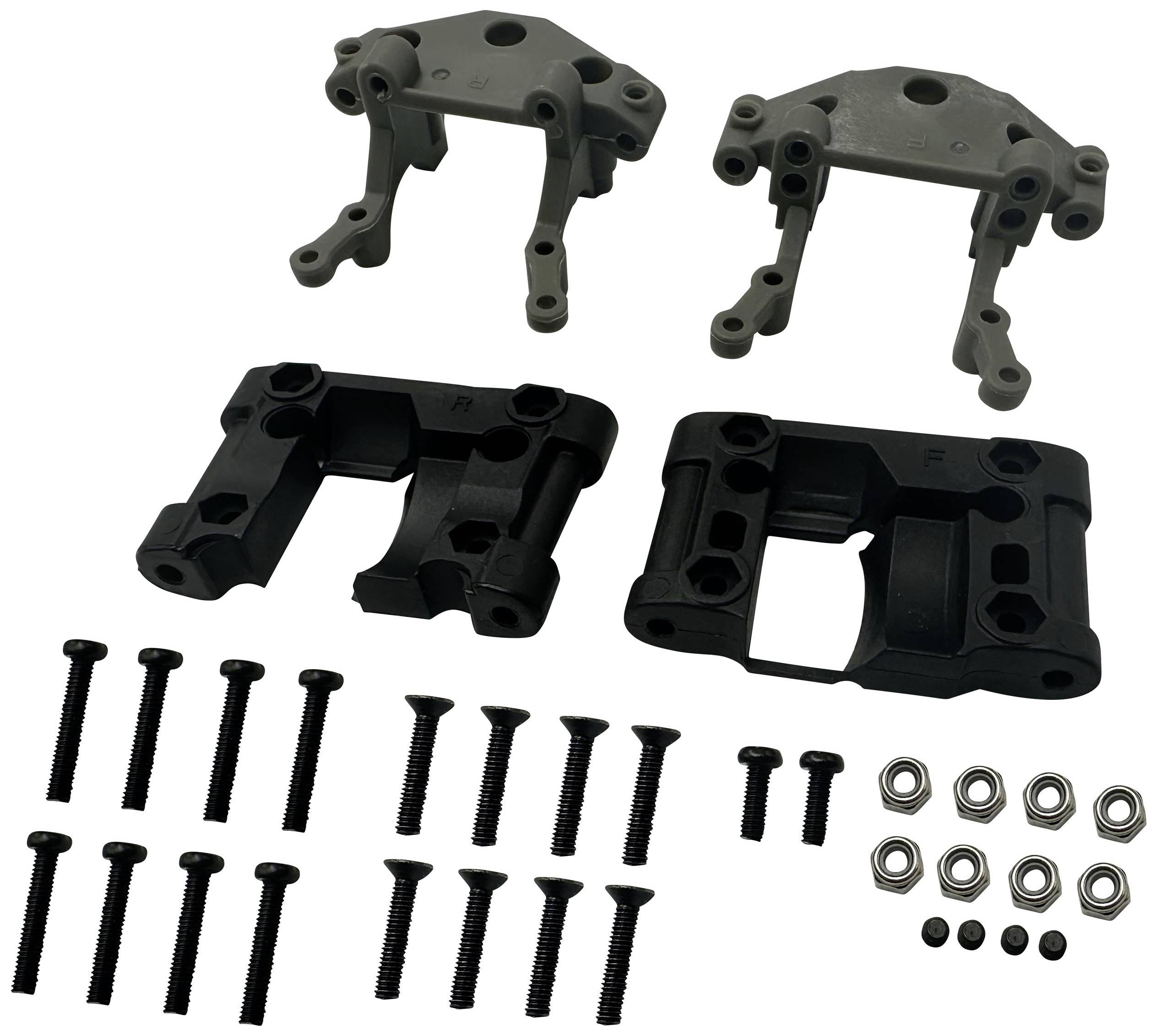 Plusieurs pièces en plastique noir et gris avec leurs vis et écrous correspondants, probablement destinées à un kit de modélisme ou de construction mécanique.
