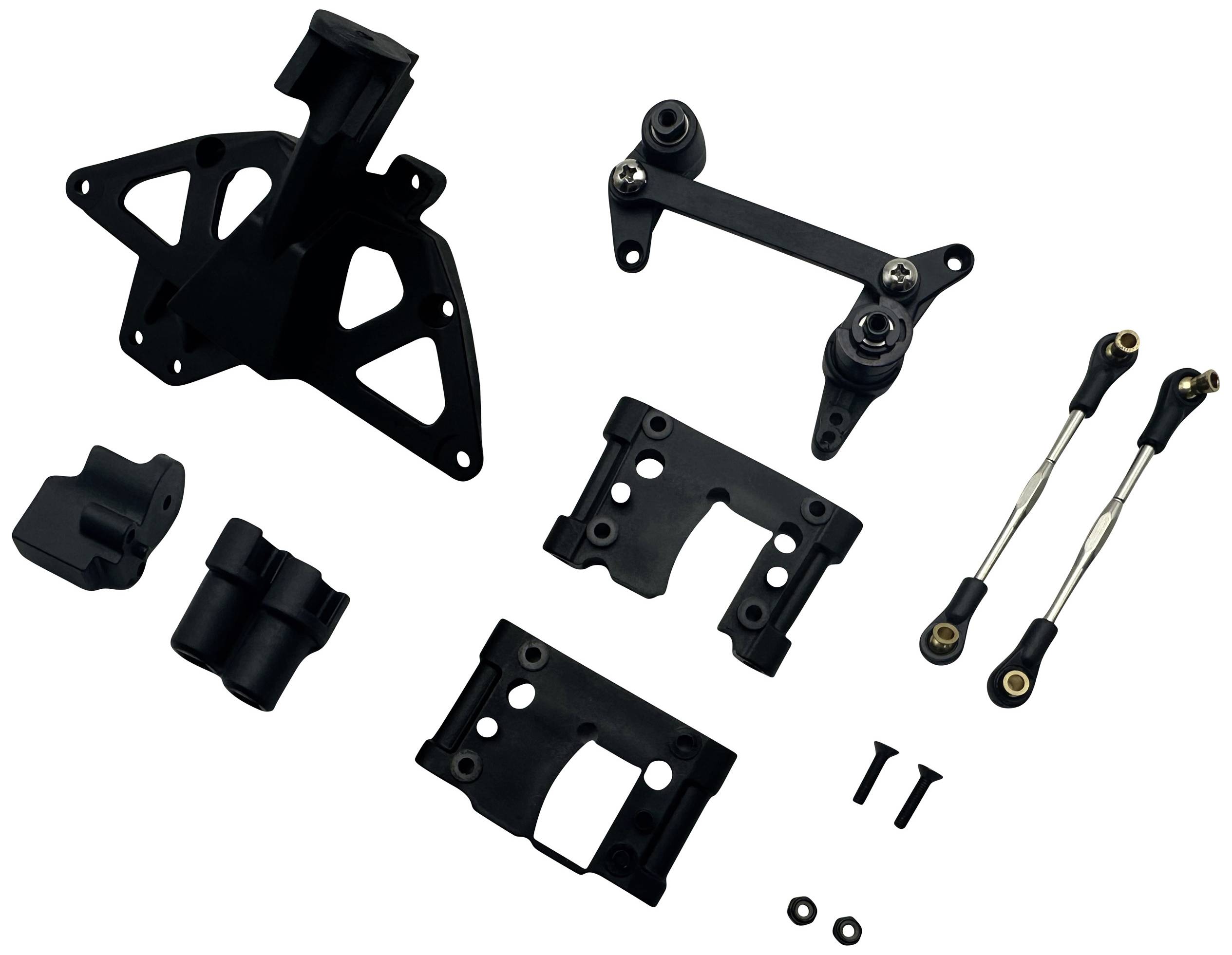 Différentes pièces métalliques noires et vis, probablement des accessoires ou des pièces de rechange pour des appareils mécaniques ou électroniques, sur un fond blanc.