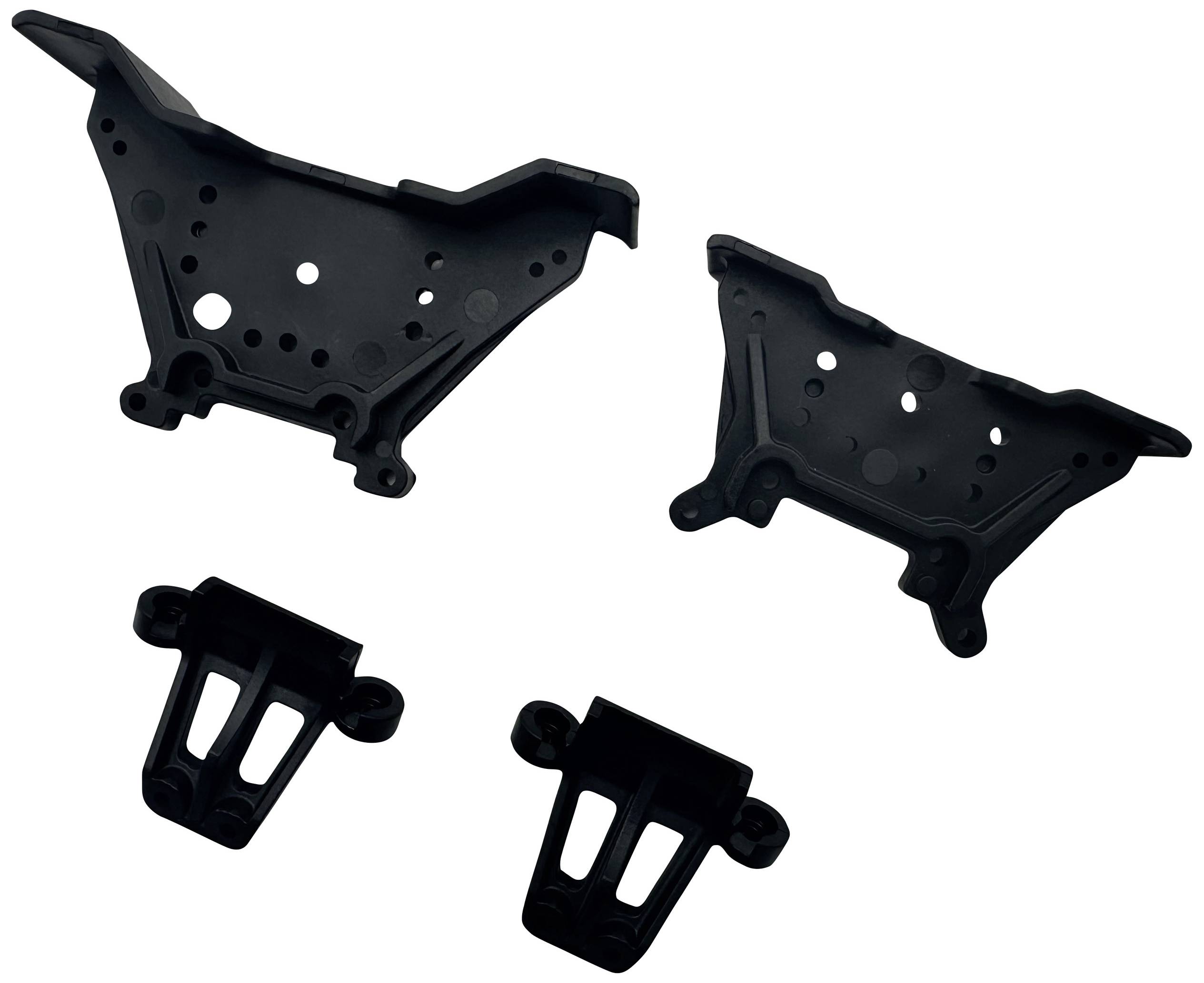 Quatre pièces en plastique noir avec des trous et des points de fixation, probablement destinées au montage ou à la connexion dans un contexte technique.