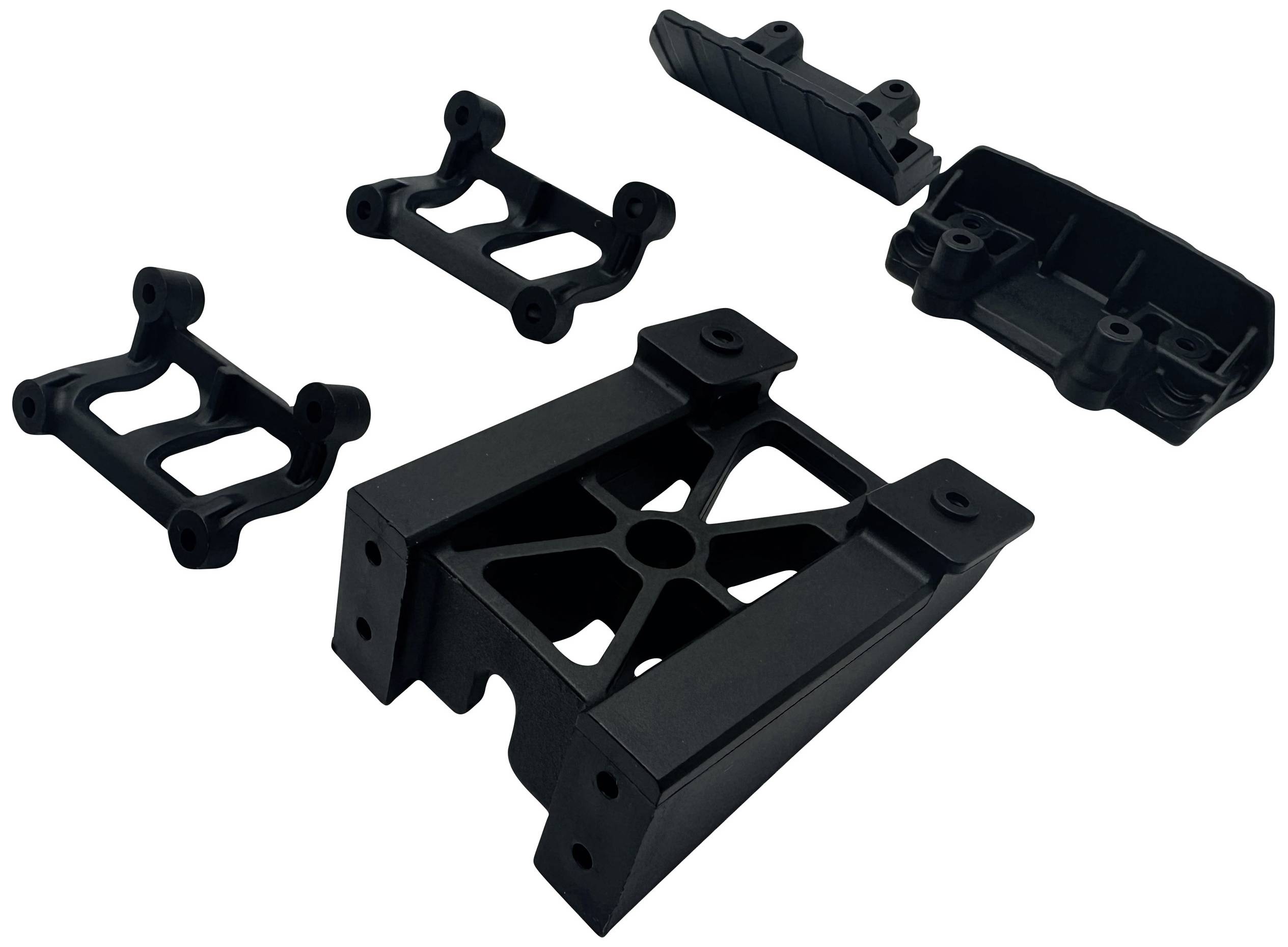 Cinq pièces techniques en plastique noir de formes différentes, réparties sur un fond blanc. Les éléments sont conçus de manière technique.