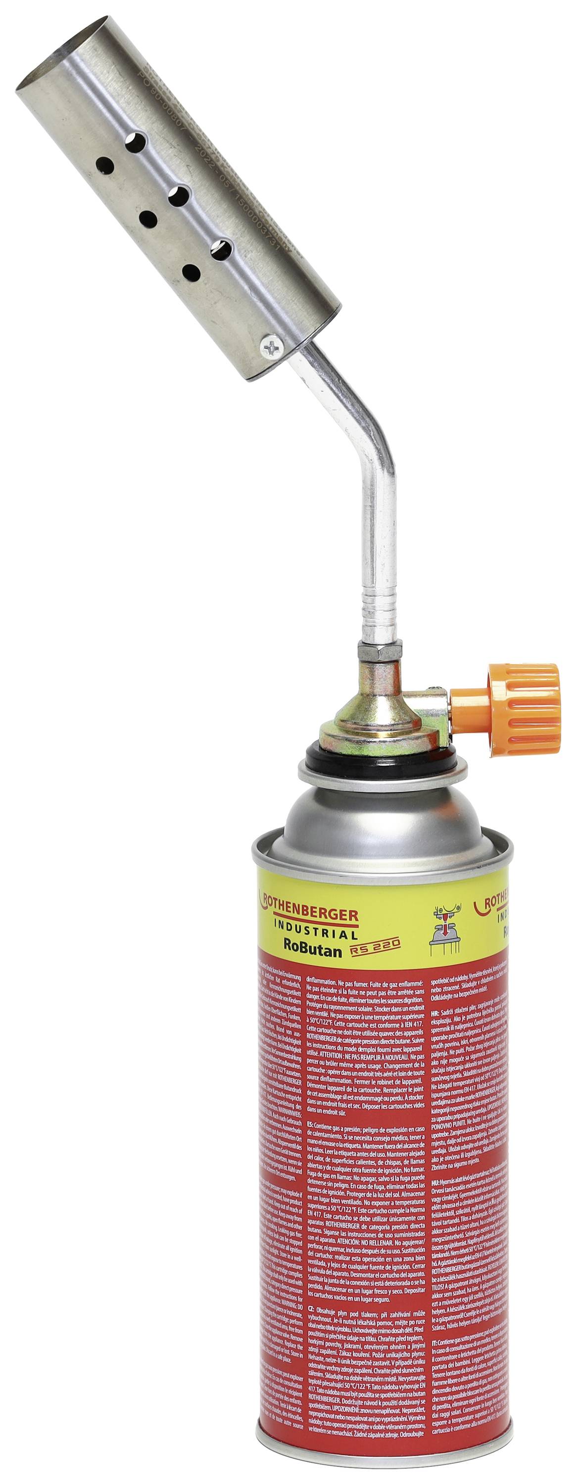 Un brûleur métallique avec une longue poignée et un bouton rotatif orange est monté sur une bonbonne de gaz. Adapté pour des applications industrielles.