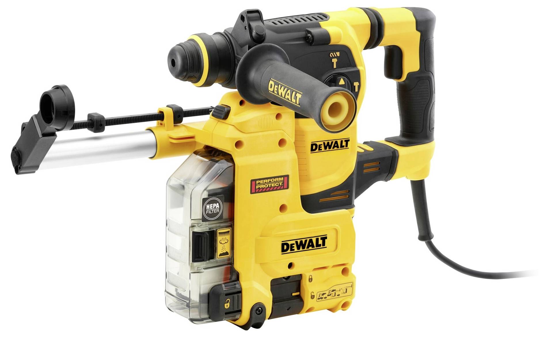 Marteau électrique jaune avec poignée noire et foret perforateur. Marque bien visible à plusieurs endroits. Appareil avec réservoir à poussière intégré.