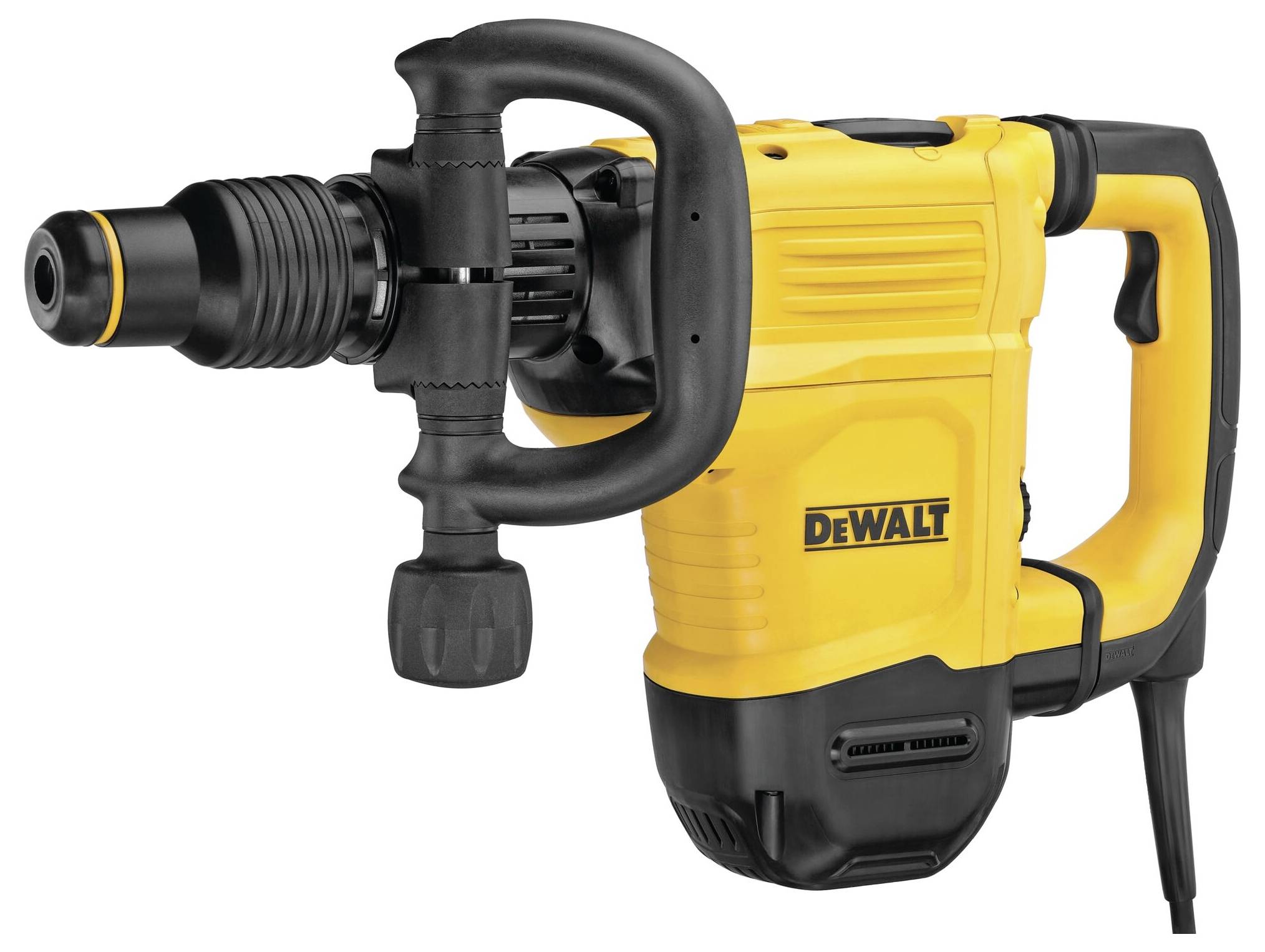 Un marteau-piqueur électrique jaune avec une poignée noire et le nom de marque 'DeWalt' sur le côté. À gauche, une tête de burin.