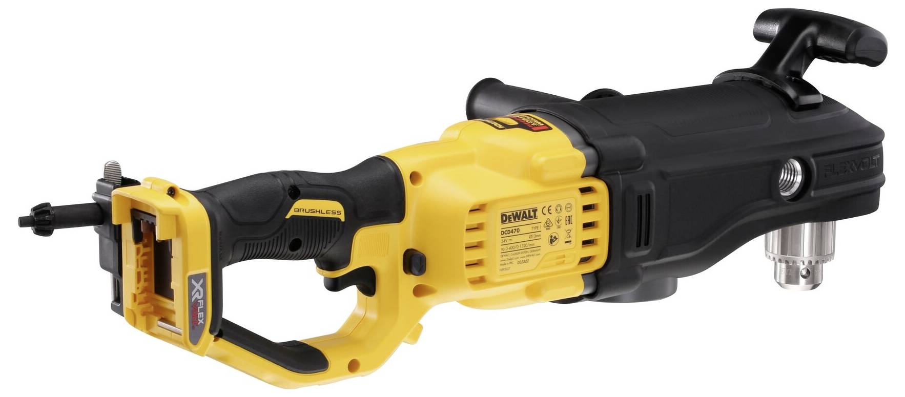 Tournevis électrique jaune et noir avec embouts interchangeables, adapté aux travaux professionnels de construction ou de bricolage.