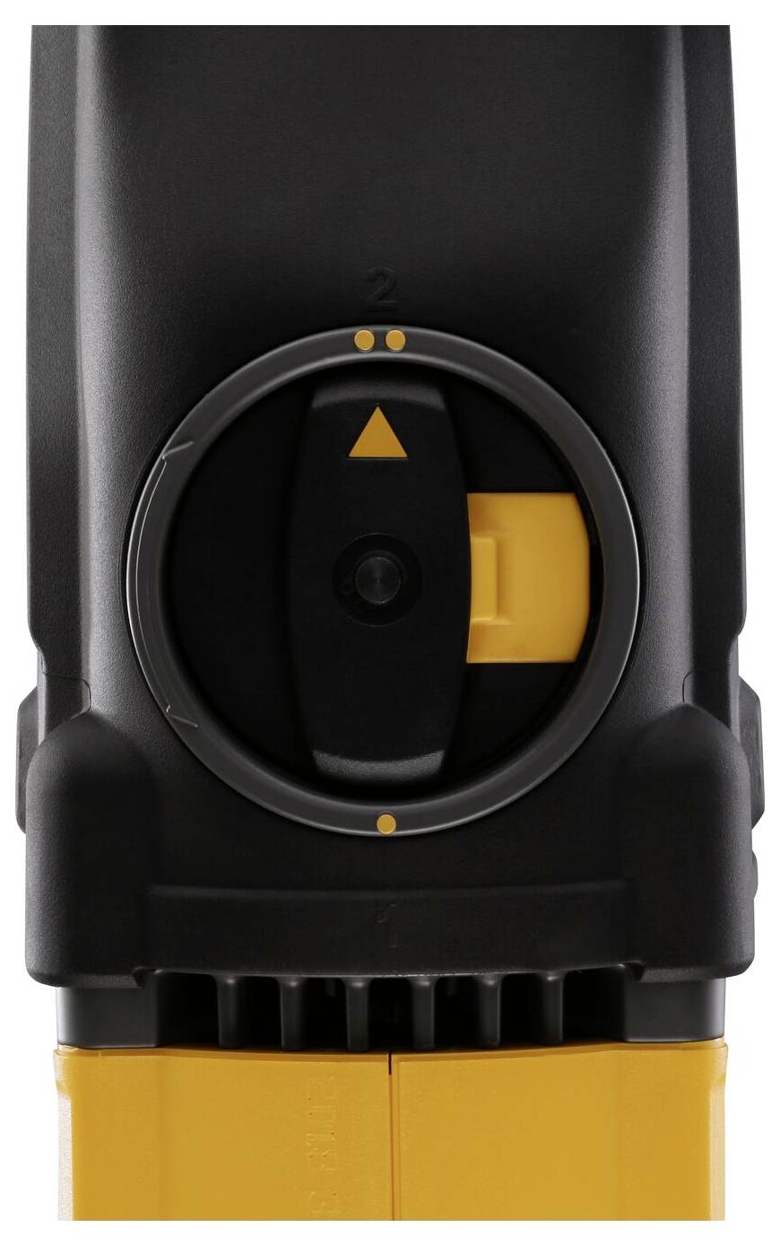 Un appareil noir avec un interrupteur jaune au centre. Une flèche pointe vers une échelle avec les chiffres 1 et 2.