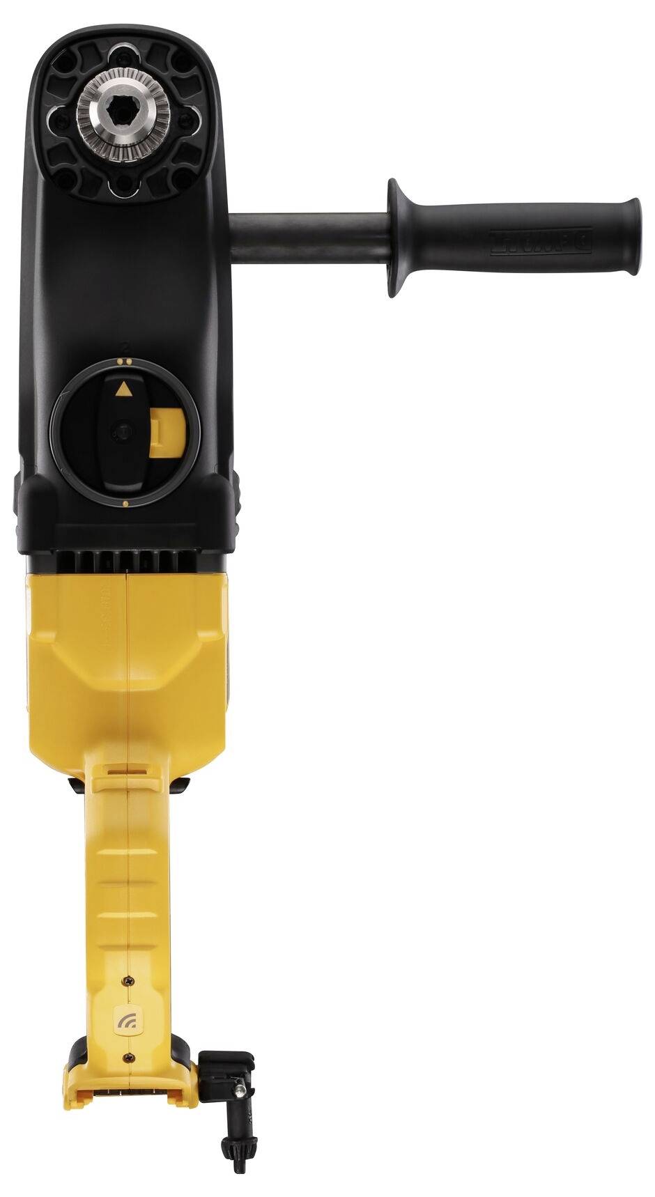 Outil électrique jaune et noir avec une poignée et un mécanisme à engrenages, destiné à être utilisé dans les travaux de construction.