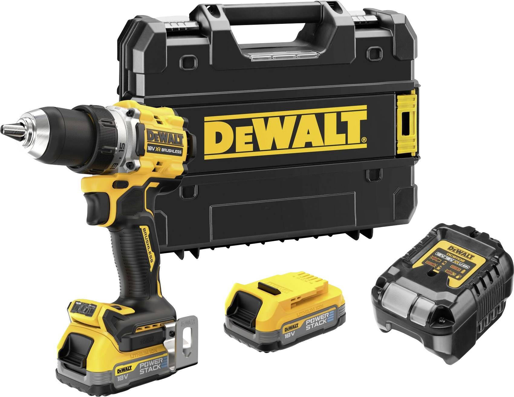 Ensemble de visseuse sans fil avec design jaune et noir, comprenant une perceuse, deux batteries, un chargeur et une mallette de la marque DEWALT.
