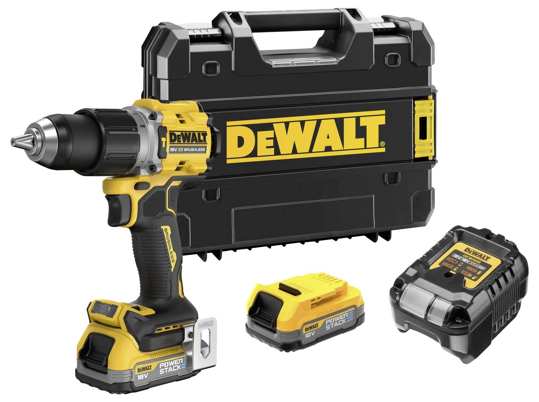 Ensemble de perceuse-visseuse sans fil avec chargeur et batterie de DeWalt, présenté à côté d'un solide coffret de transport noir. Idéal pour des projets de bricolage polyvalents.