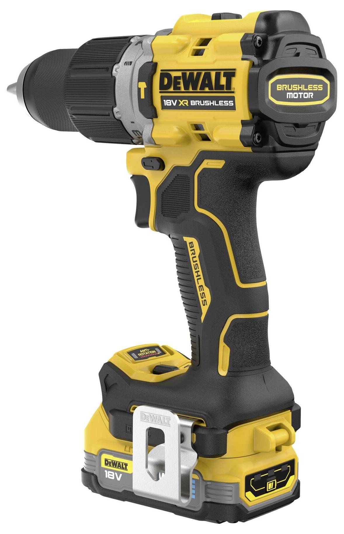 Un tournevis à batterie jaune et noir avec moteur sans balais et une tension de 18V, portant la marque 'DeWalt' sur le côté.