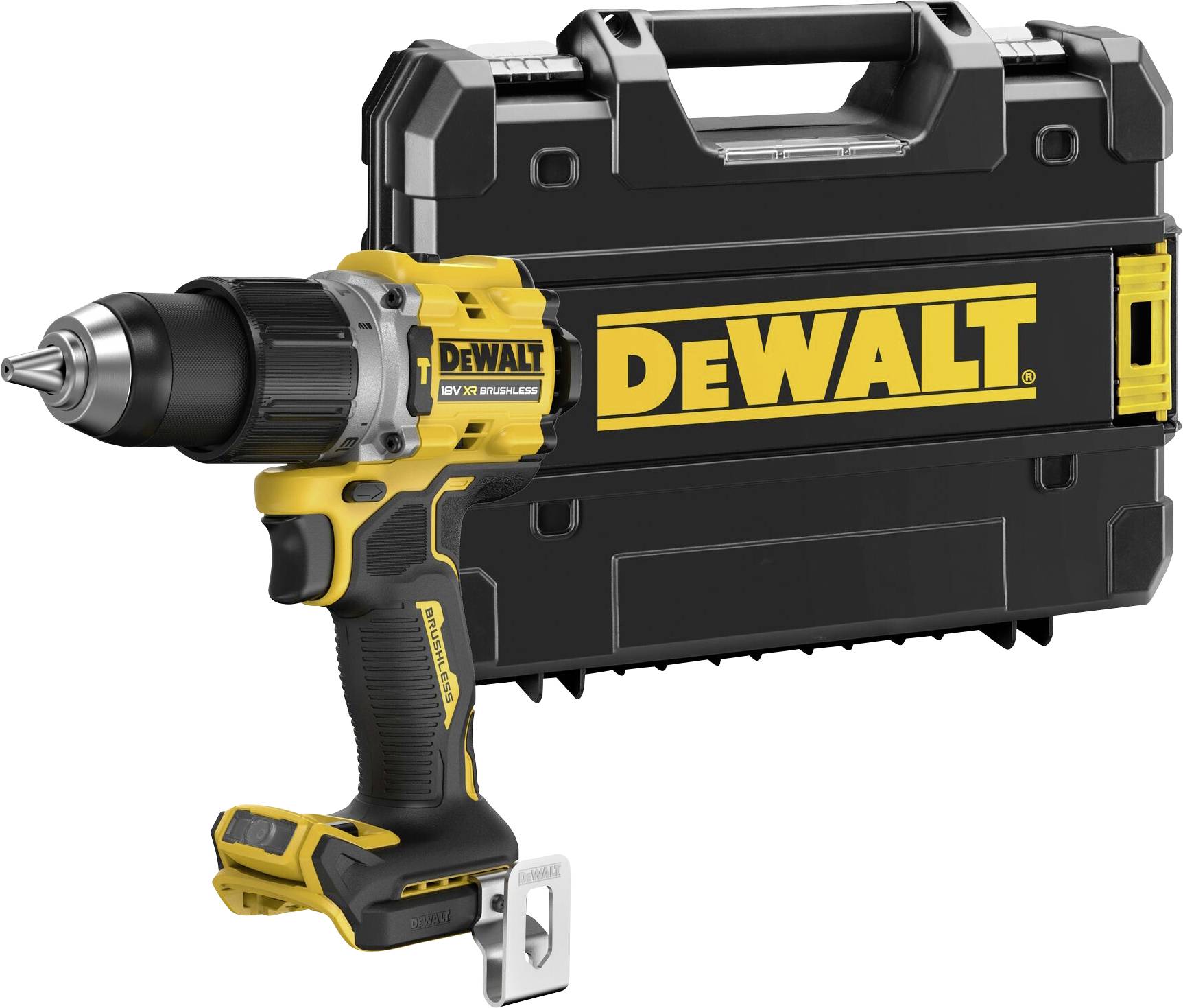 Un perceuse-visseuse jaune et noire de la marque DEWALT devant un coffret à outils noir assorti portant le logo jaune DEWALT.