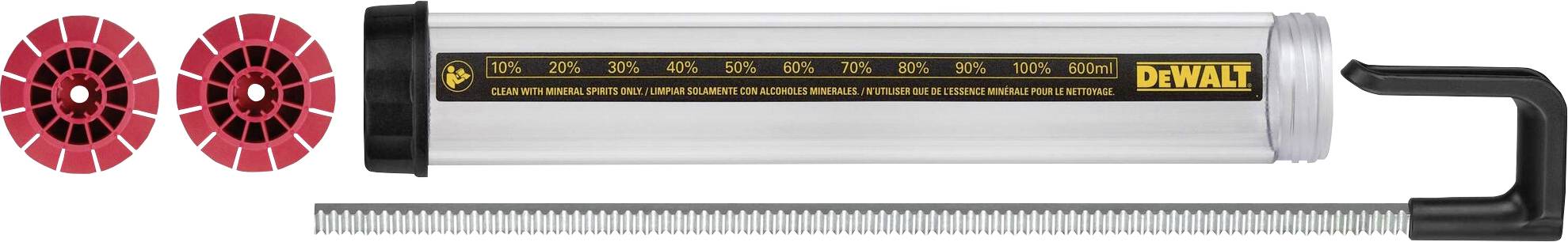 Pistolet à cartouche sans fil DeWalt avec long bec et deux buses de mélange rouges, adapté pour l'utilisation avec des mastics ou des adhésifs.