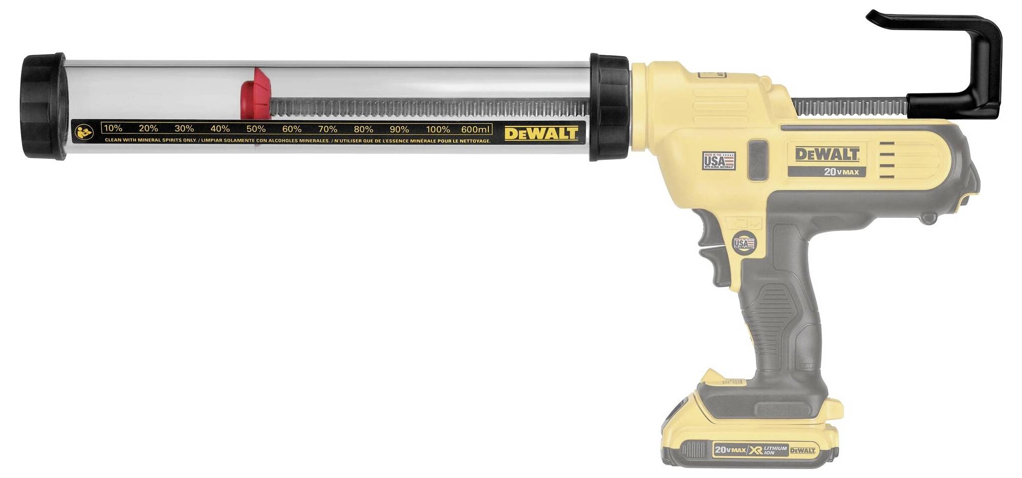 Un pistolet à cartouche électrique jaune de la marque DeWALT, avec un cylindre transparent et une échelle, adapté à l'application de produits d'étanchéité.