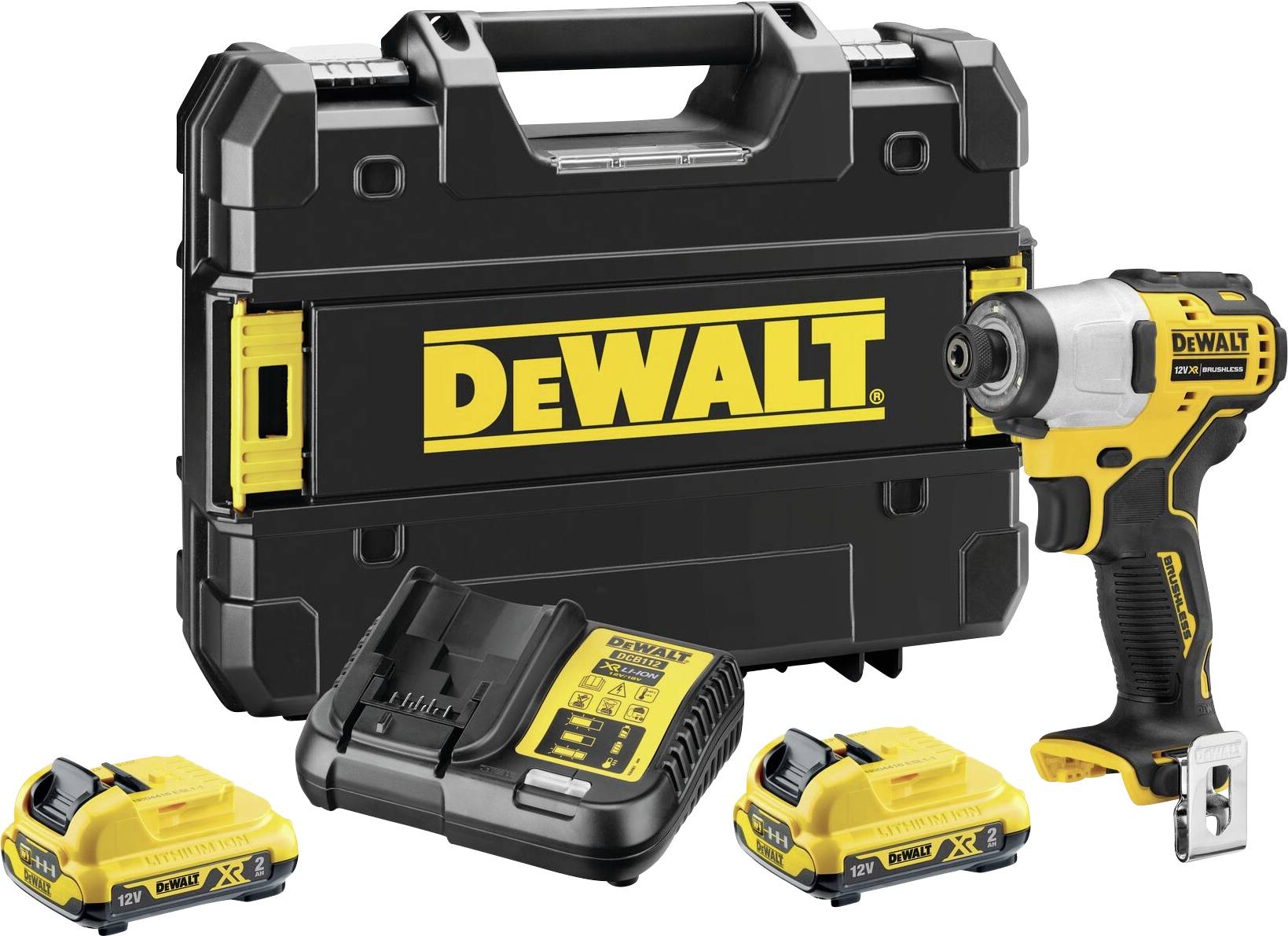 Ensemble de visseuse sans fil DEWALT avec sacoche de transport, deux batteries et chargeur.