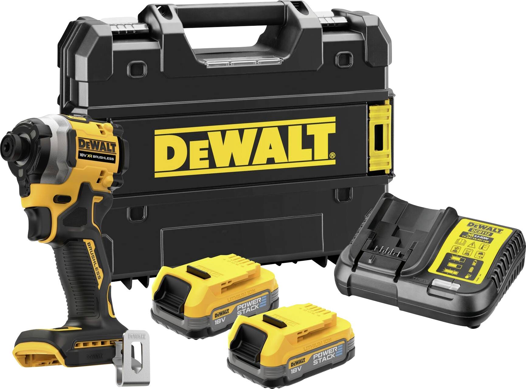 Ensemble de perceuses sans fil comprenant une perceuse jaune et noire de la marque DEWALT, avec chargeur, deux batteries et un coffret de transport.