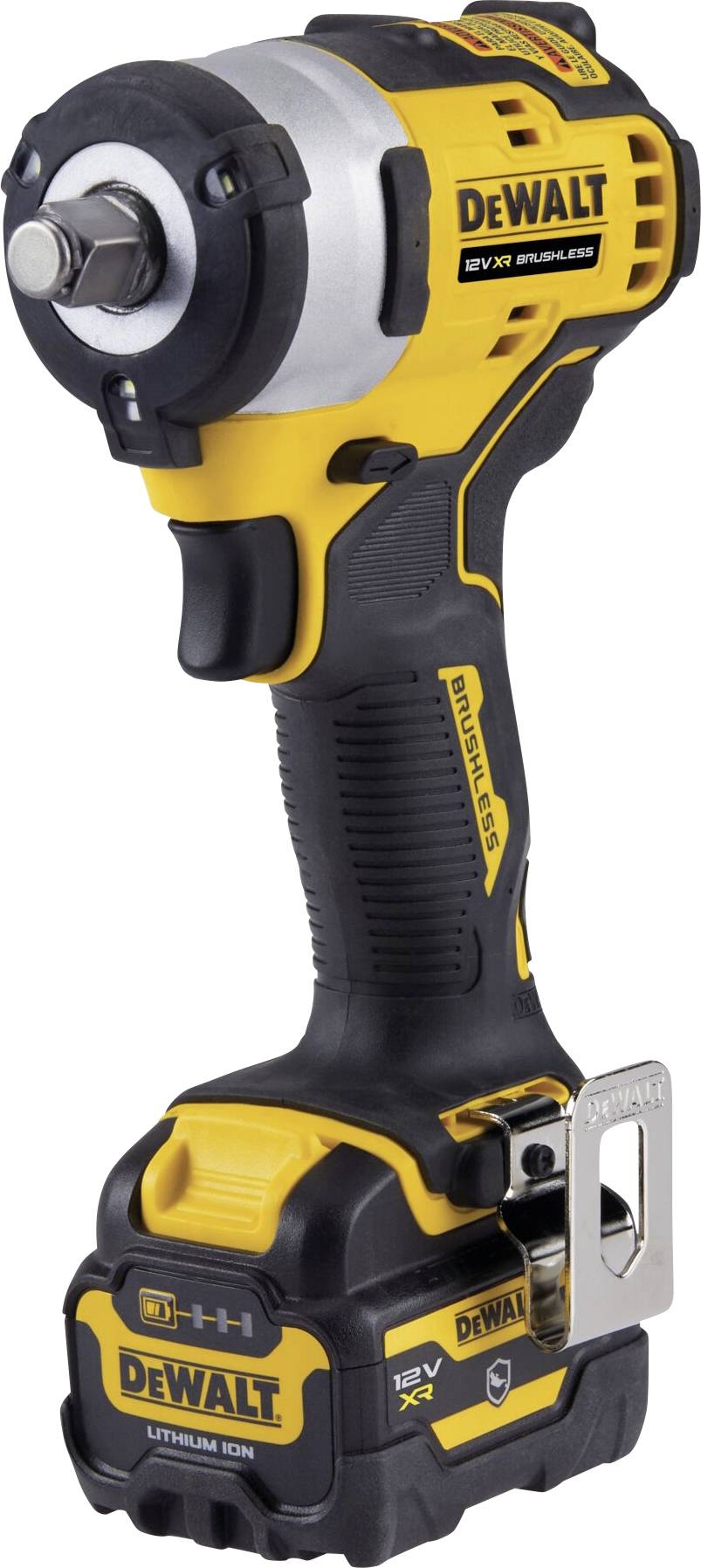Visseuse à choc sans fil en noir et jaune portant l'inscription 'Dewalt'. Compacte et sans fil, adaptée aux travaux de construction.