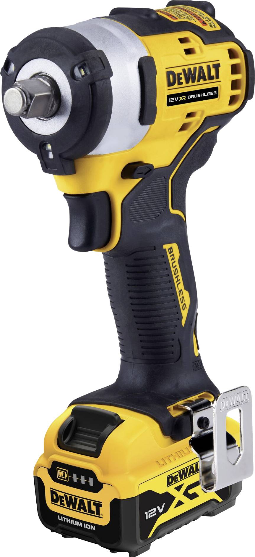 Visseuse sans fil noir et jaune, logo de marque 'DEWALT', 12V, compacte, avec poignée ergonomique et batterie lithium-ion amovible.