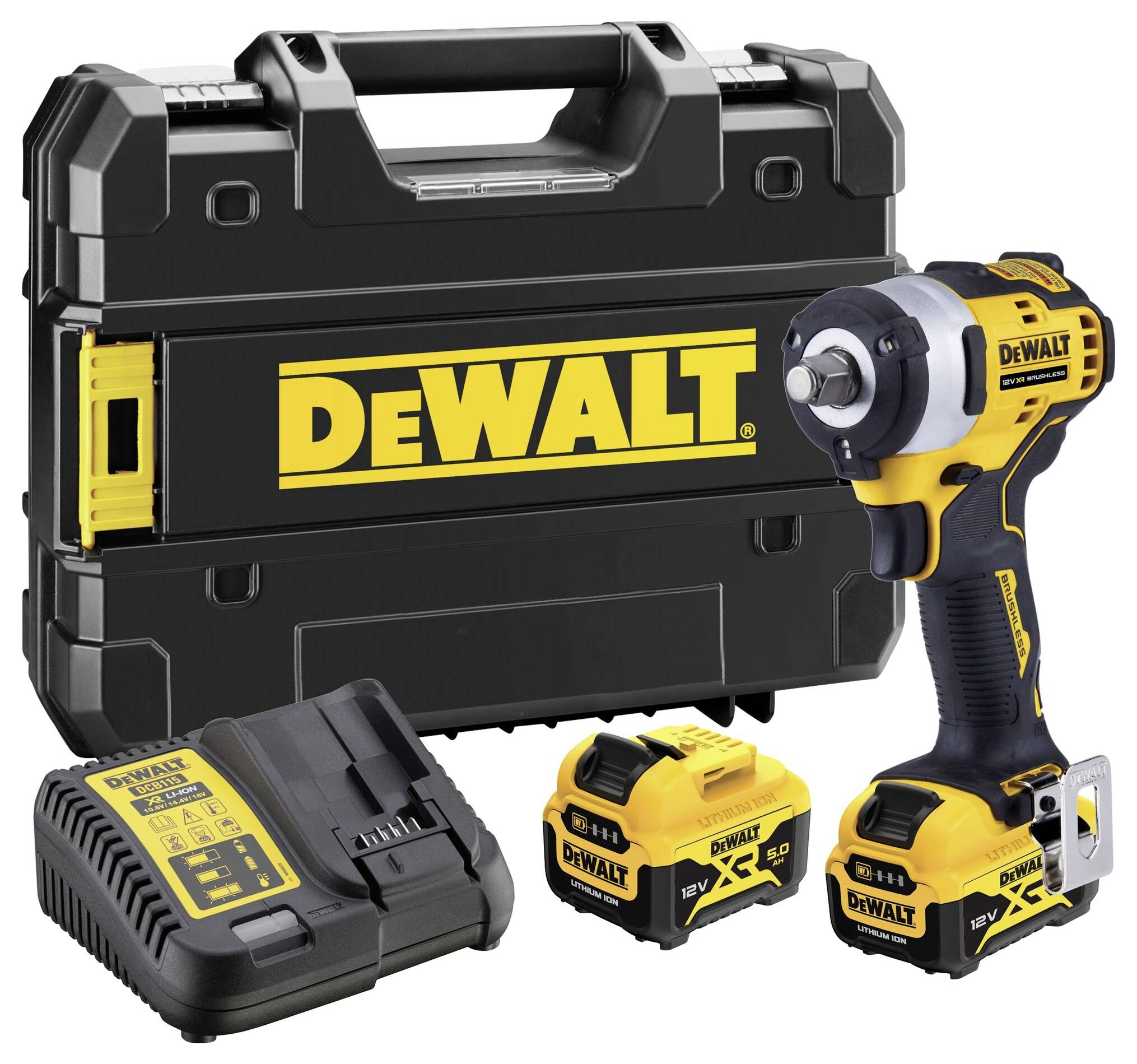 Ensemble d'outils DEWALT comprenant une perceuse-visseuse à percussion, deux batteries, un chargeur et une mallette.
