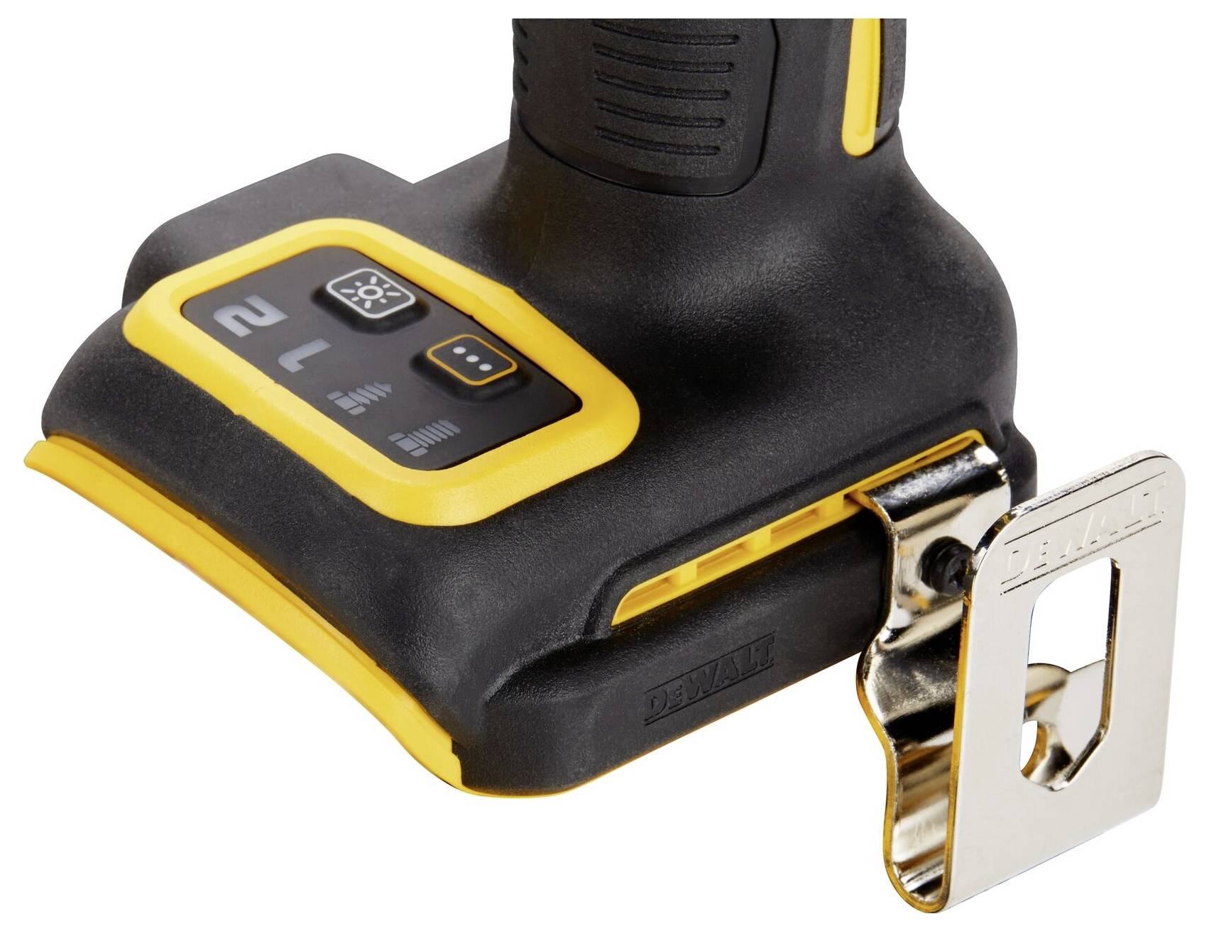 Visseuse sans fil avec des touches jaunes et un clip de ceinture. Deux boutons de commande sont visibles.