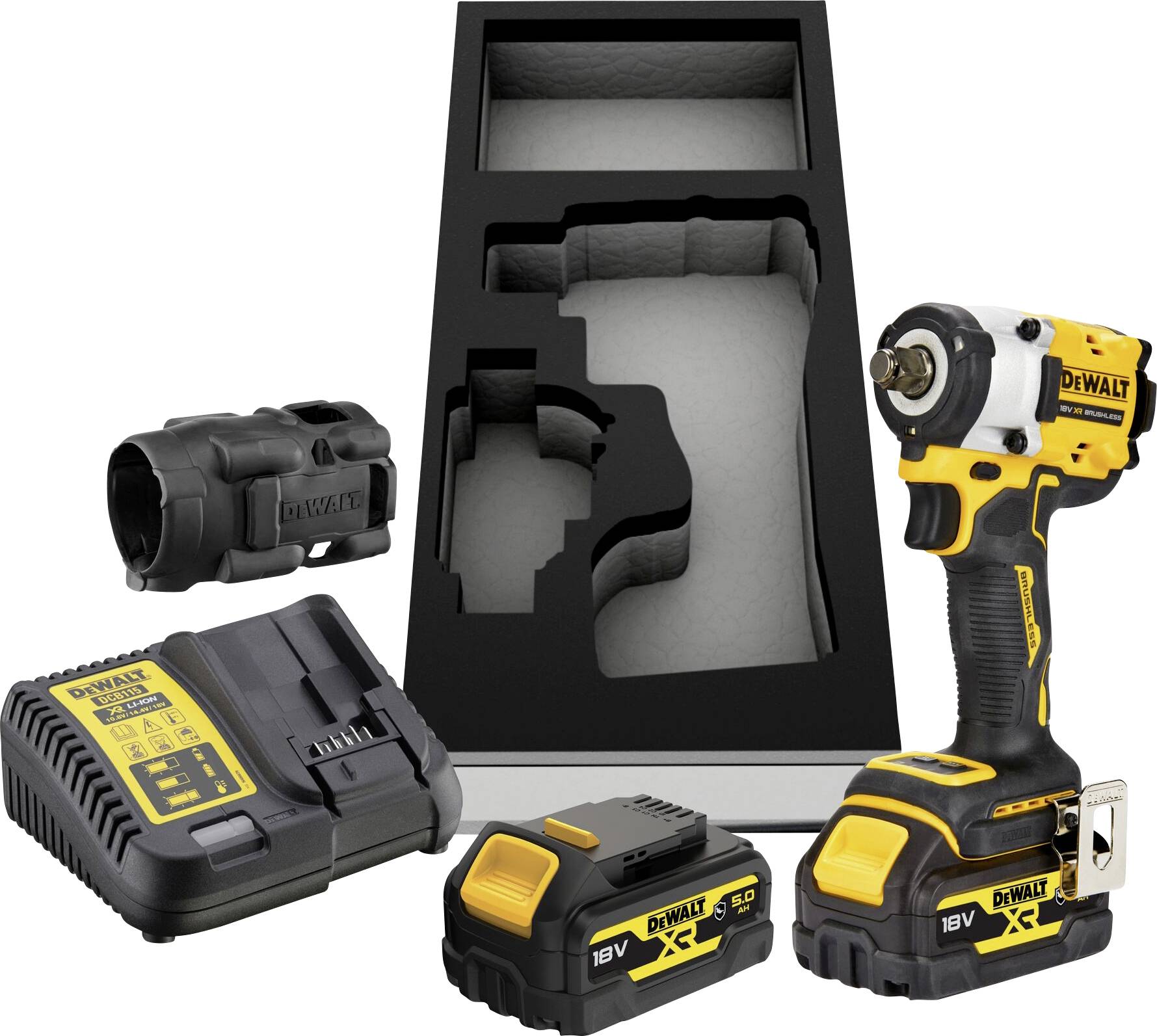 Ensemble de visseuse sans fil comprenant une visseuse DeWalt, deux batteries 18V, un chargeur et un coffret de transport.