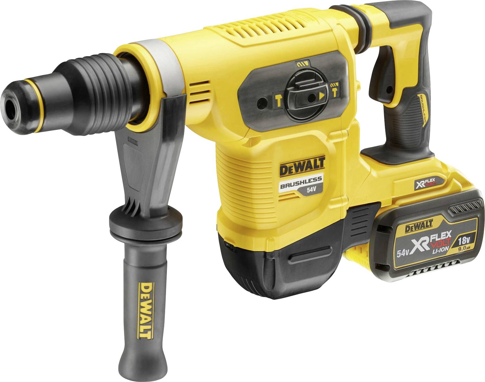 Marteau-perforateur à batterie jaune avec poignée noire, poignée latérale supplémentaire et batterie interchangeable, de la marque DeWalt, adapté aux travaux de construction.