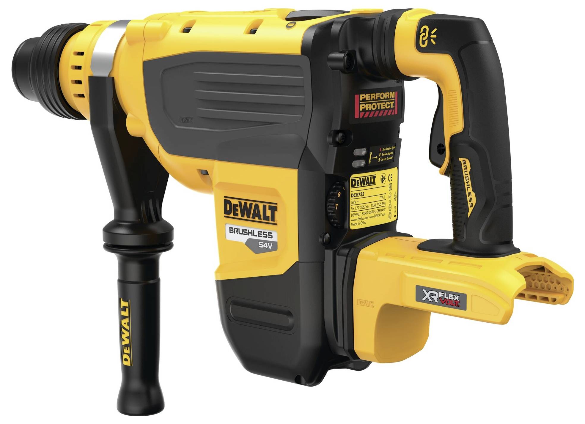 Un marteau perforateur jaune et noir DeWALT avec une poignée ergonomique, adapté aux travaux de construction.
