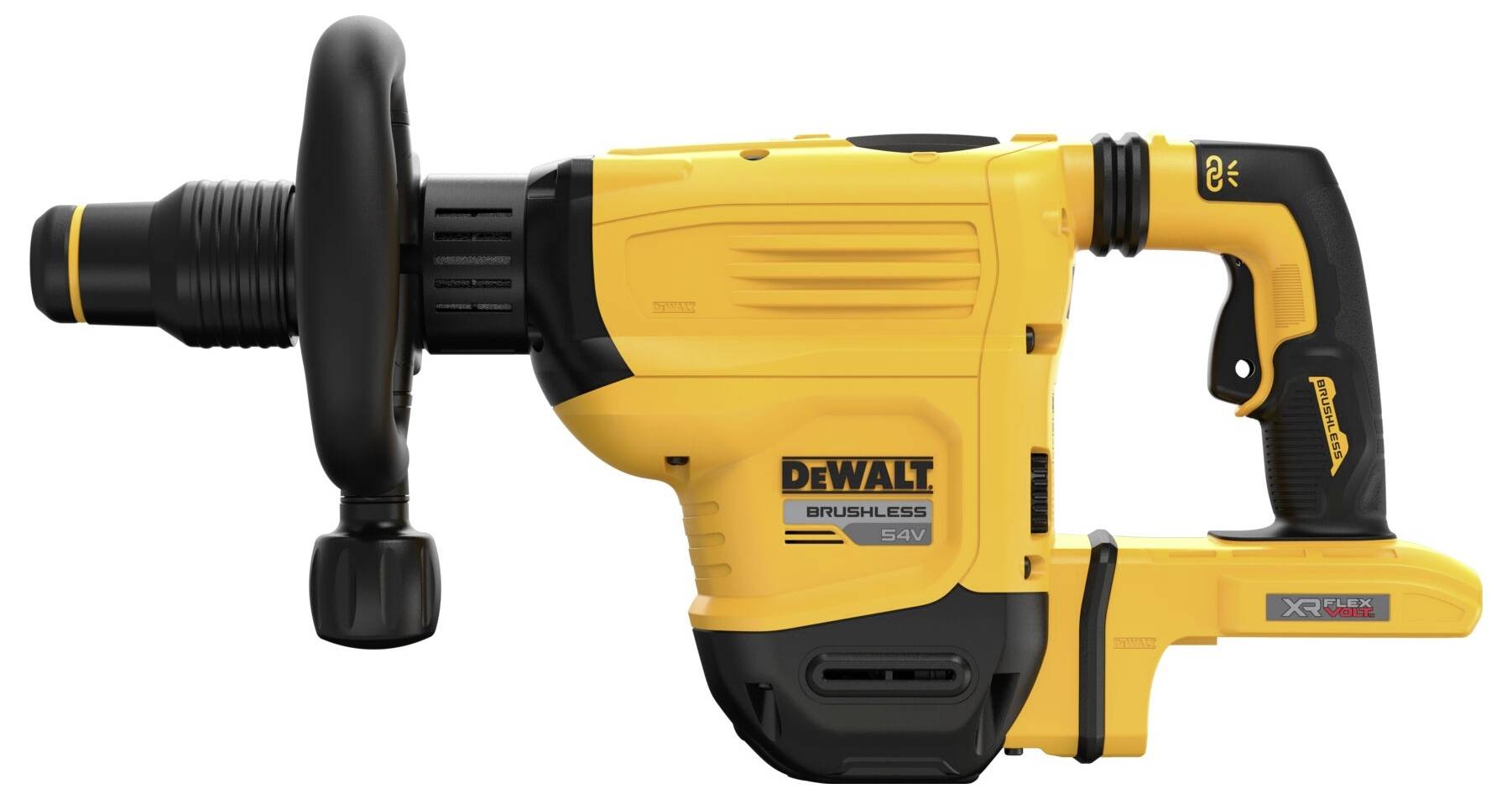 Un marteau-piqueur jaune DEWALT avec une poignée ergonomique et un système d'amortissement des vibrations, adapté aux travaux de construction lourds.
