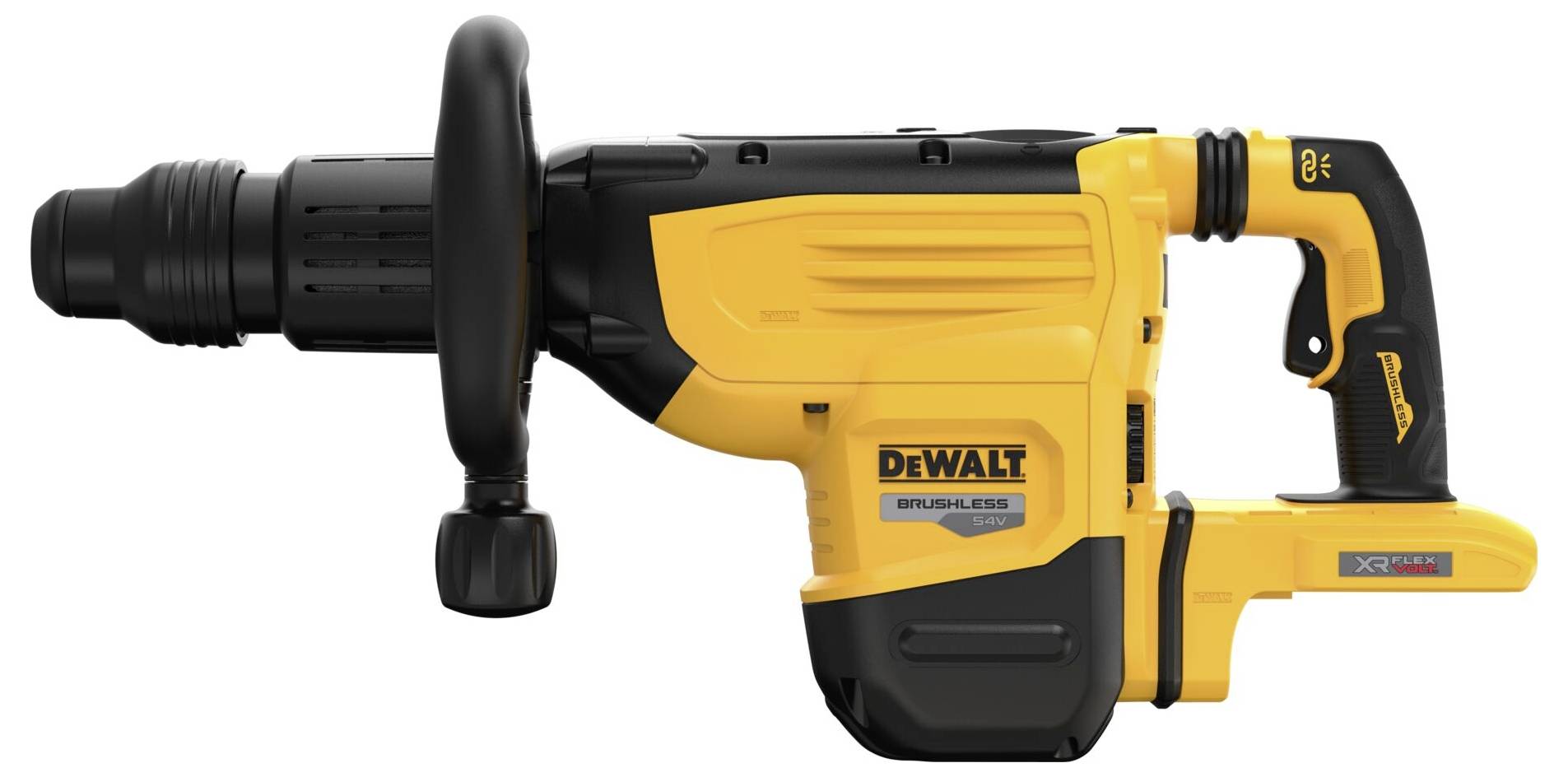 Outil de construction en jaune et noir avec poignée ; identifié comme marteau-perforateur ; inscription de marque 'DeWalt Brushless'.