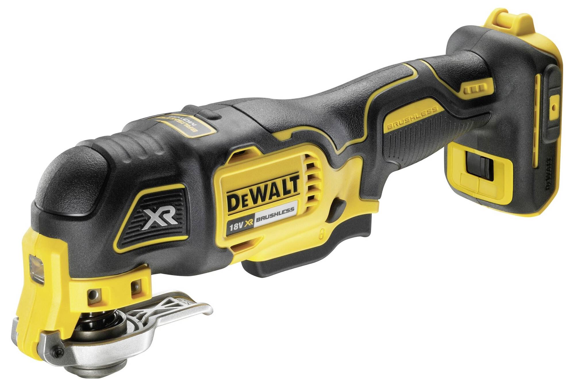 Outil multifonction à batterie avec design jaune et noir, marque sur le côté. Il est utilisé pour divers travaux de bricolage à domicile.