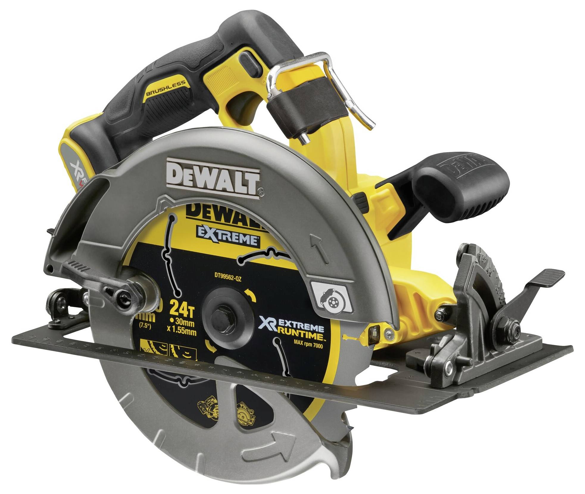 Une scie circulaire manuelle jaune et noire de Dewalt avec une lame de scie à 24 dents, adaptée aux travaux sur bois. Comprend des fonctions de sécurité.