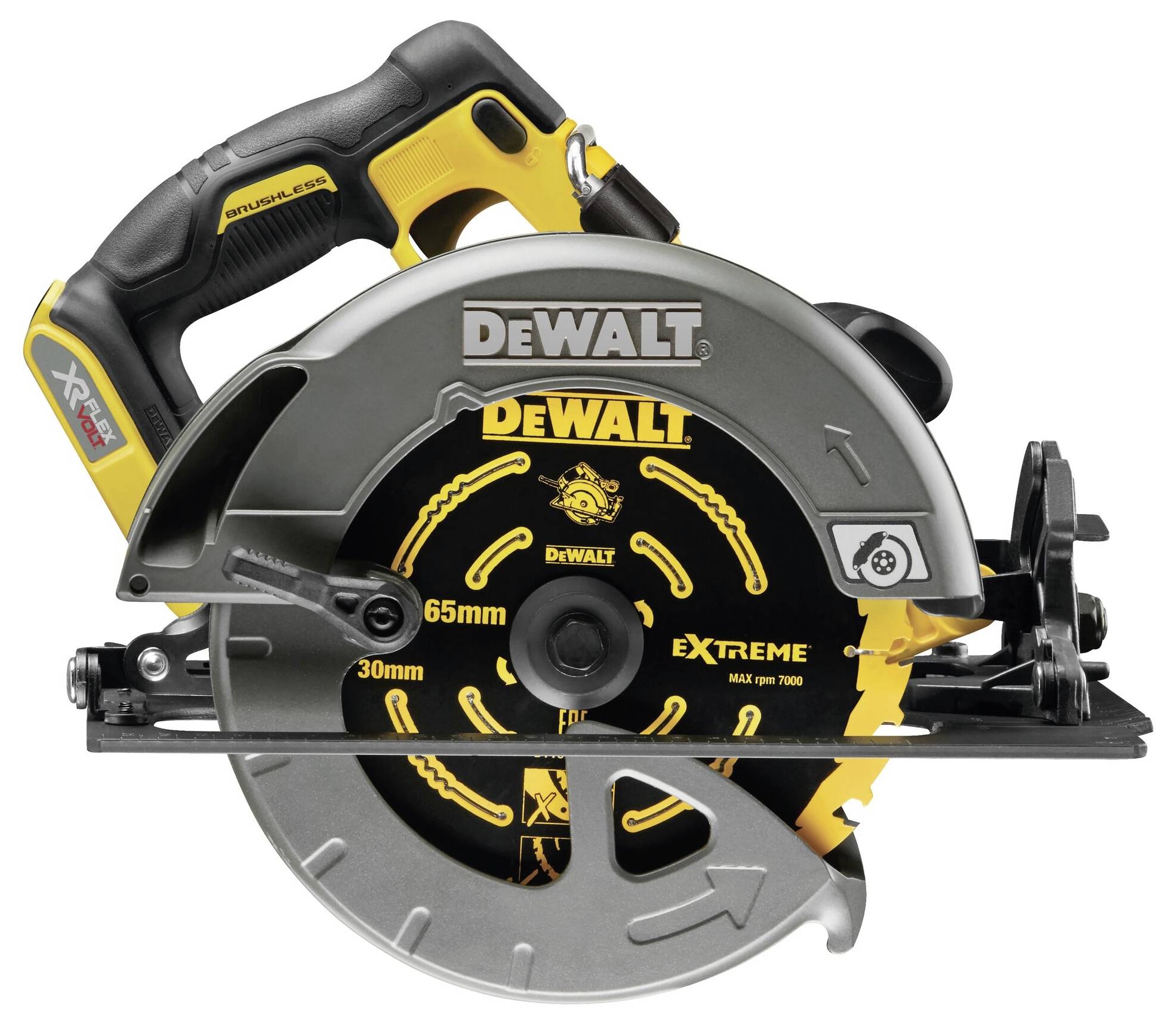 Scie circulaire DeWalt, modèle XR, avec un design jaune et noir et une poignée ergonomique, adaptée aux travaux précis du bois.