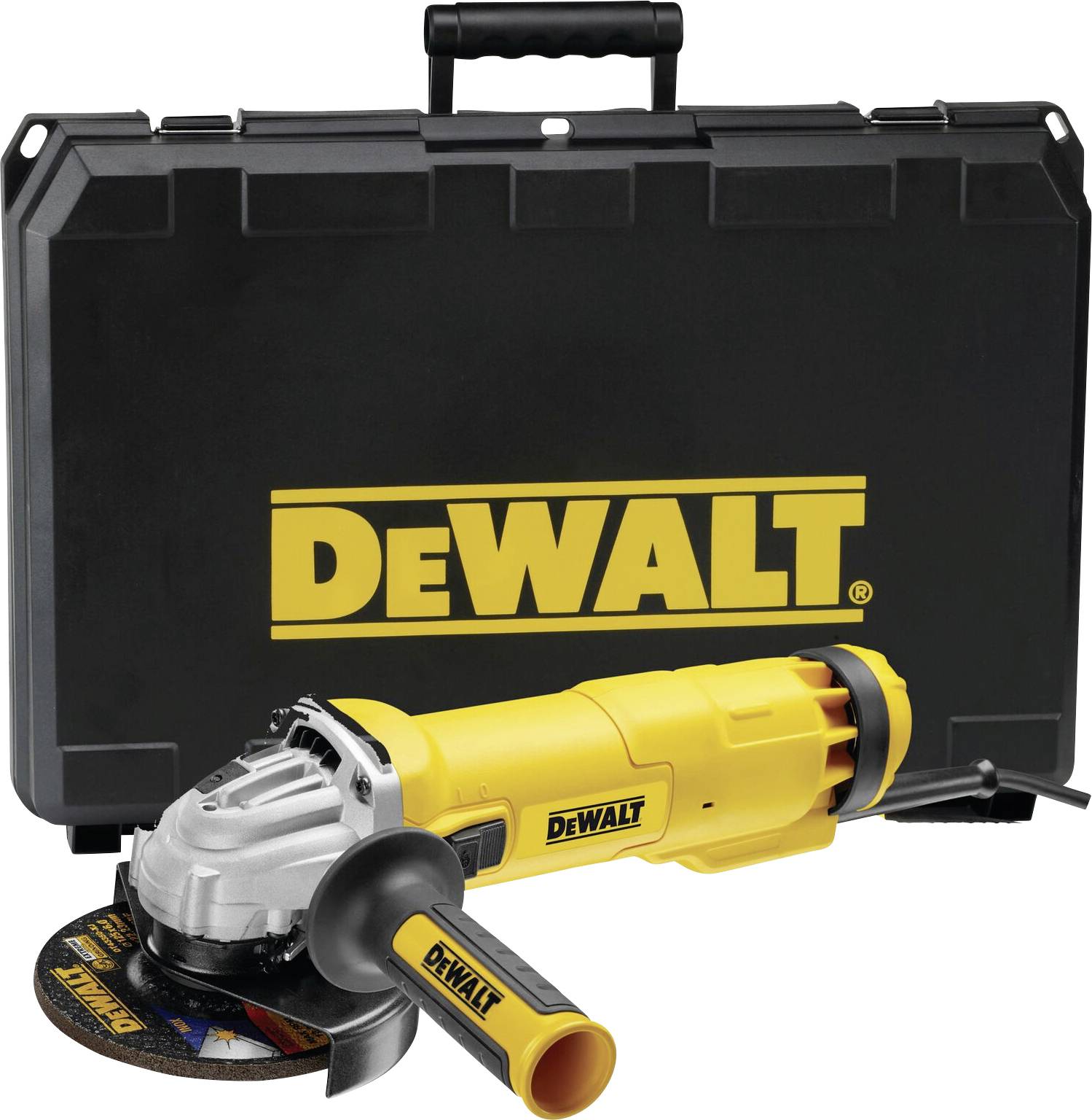 Un meuleuse d'angle 'DEWALT' de couleur jaune avec une poignée, présentée devant une boîte à outils noire portant le logo 'DEWALT'.