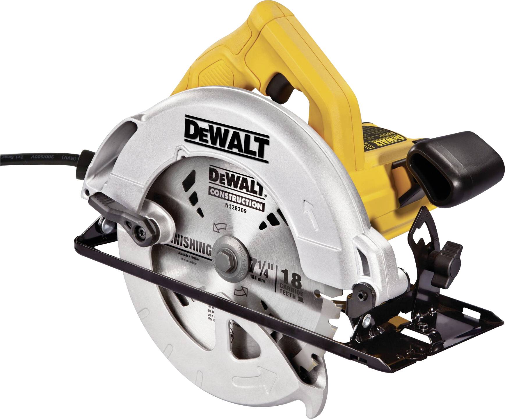 Scie circulaire à main jaune avec lame argentée. Marque 'DeWalt'. Outil utilisé pour couper du bois et d'autres matériaux.