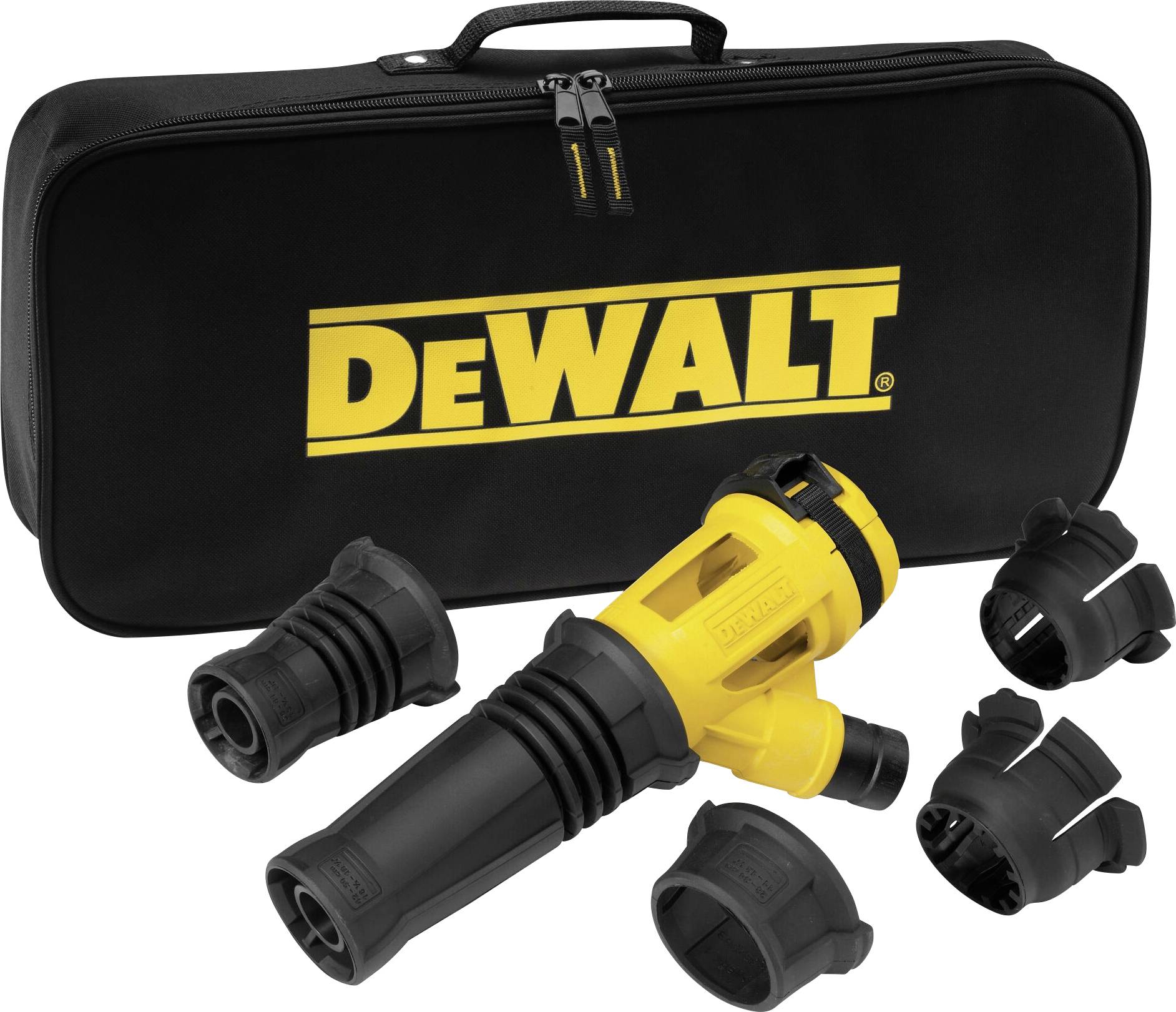 Kit d'outils avec un outil pneumatique jaune et noir, comprenant cinq buses interchangeables et un sac de transport noir avec le logo jaune 'DEWALT'.