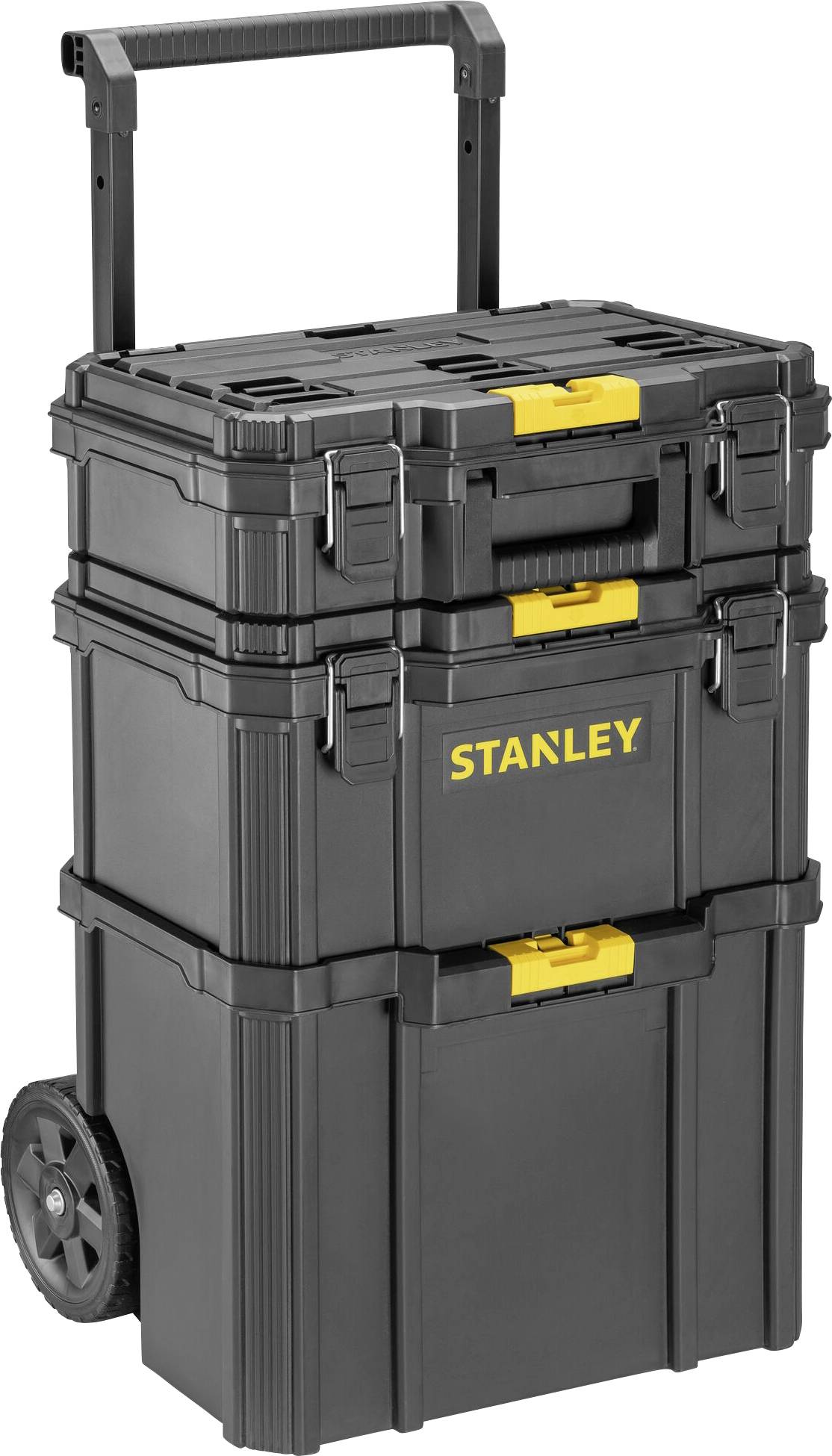 Coffret à outils roulant noir à trois compartiments de la marque 'STANLEY', avec des touches de jaune. Idéal pour le rangement et le transport des outils.
