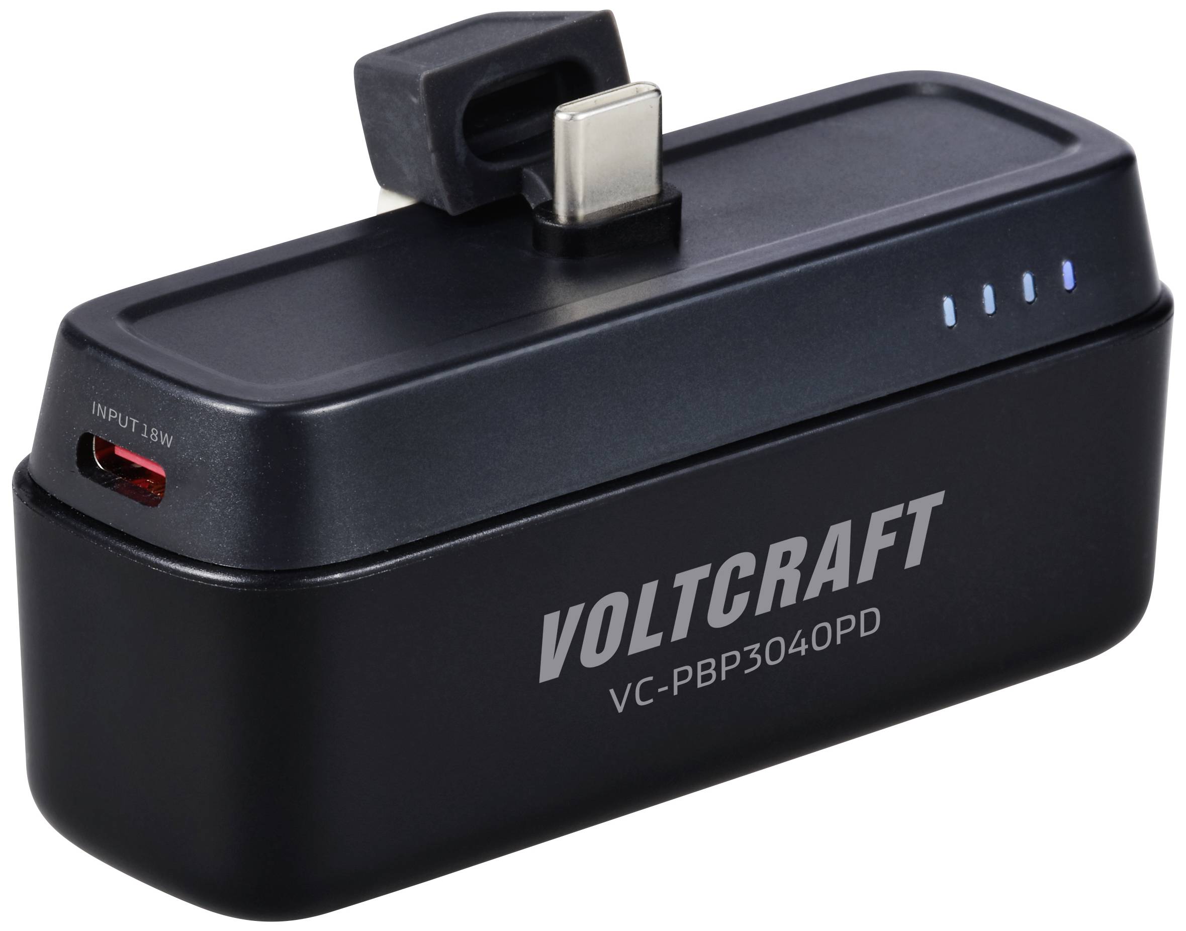 Adaptateur de batterie externe portable 'Voltcraft', modèle VC-PBP3040PD, avec connexion USB-C et quatre indicateurs lumineux bleus pour le statut de la batterie.