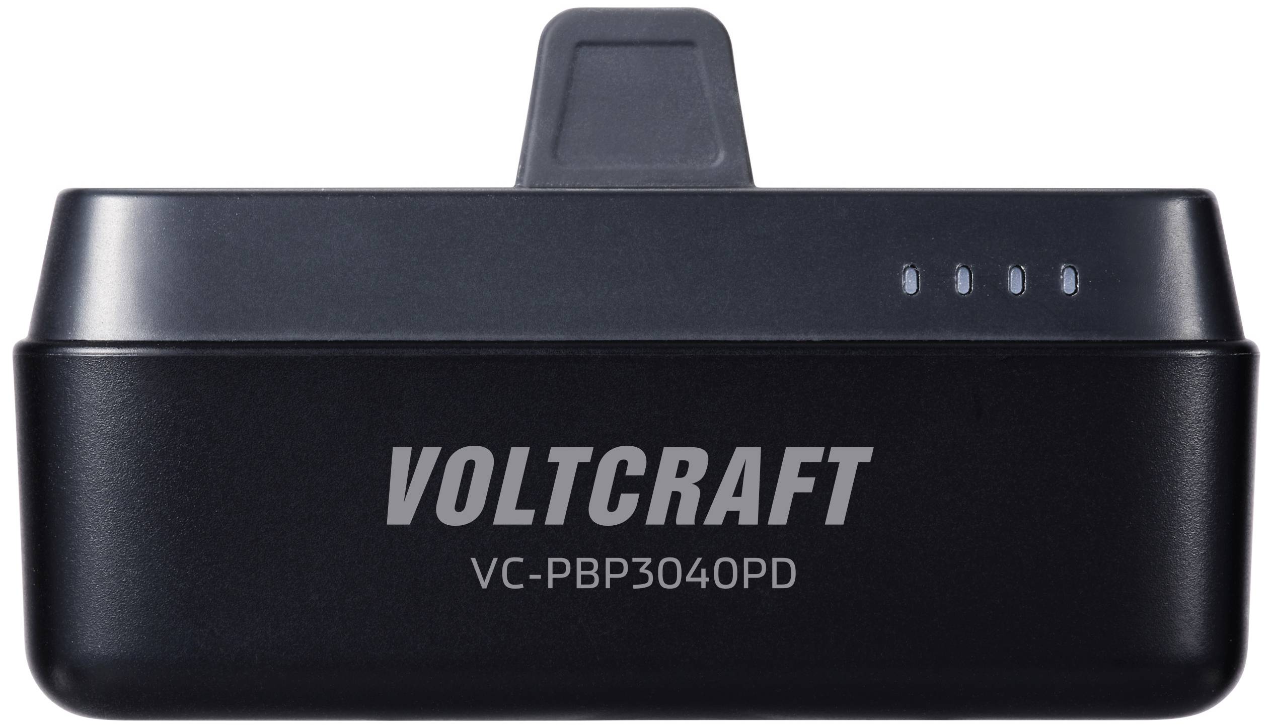 Un chargeur portable Voltcraft, modèle VC-PBP3040PD, avec quatre LED d'indication de charge sur le dessus et un port USB.