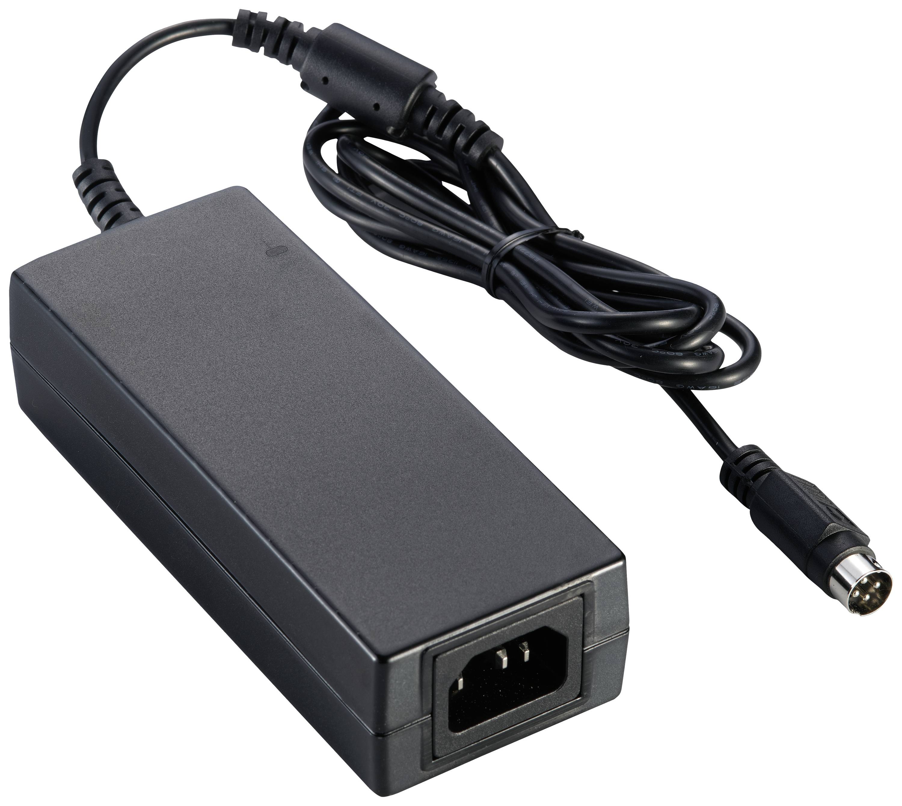 Adaptateur secteur noir avec câble et fiche ronde, adapté aux appareils électroniques, sur fond blanc.