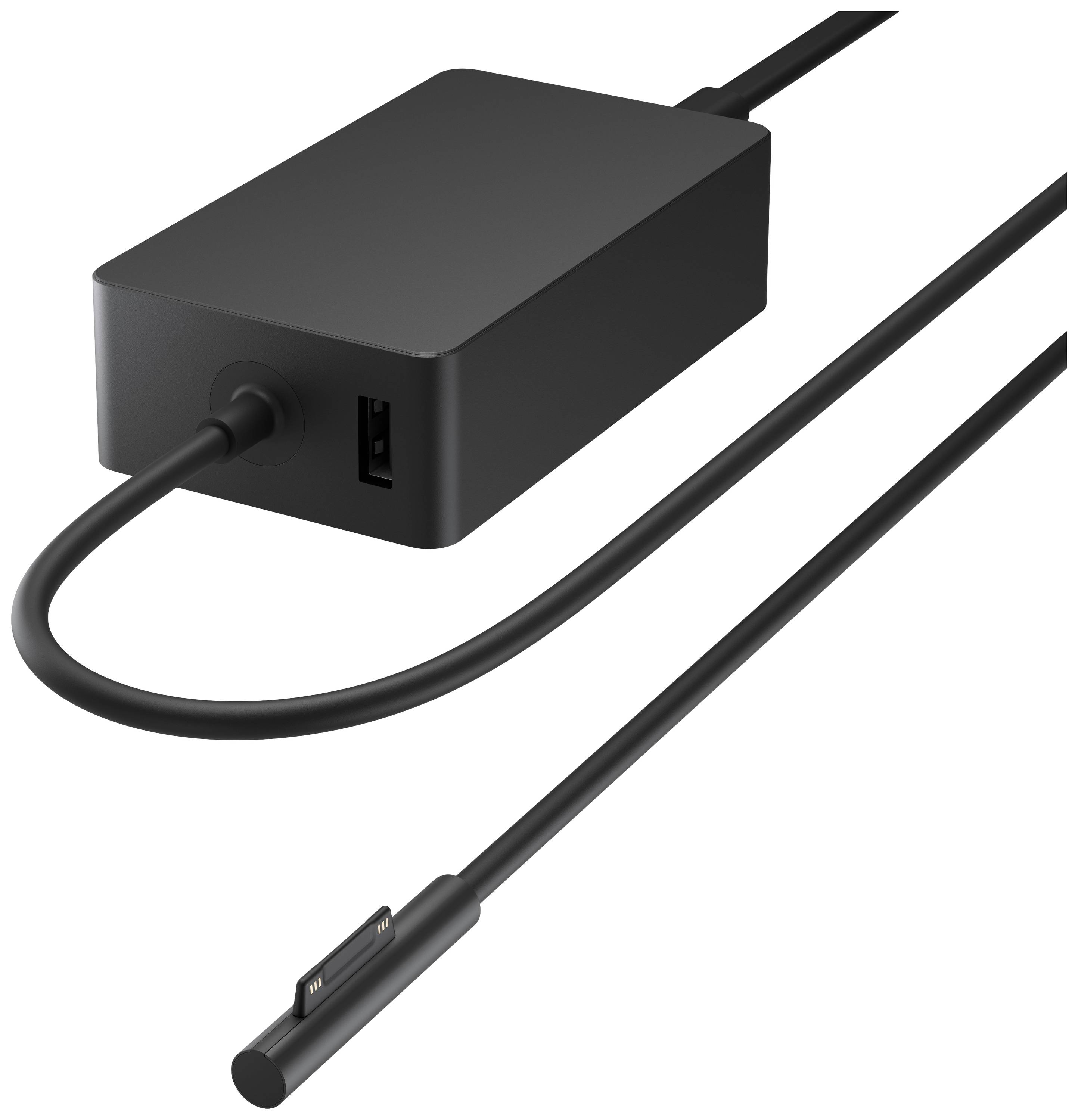 Chargeur d'ordinateur portable noir avec câble de connexion et port USB, permettant de charger et d'alimenter des appareils compatibles.