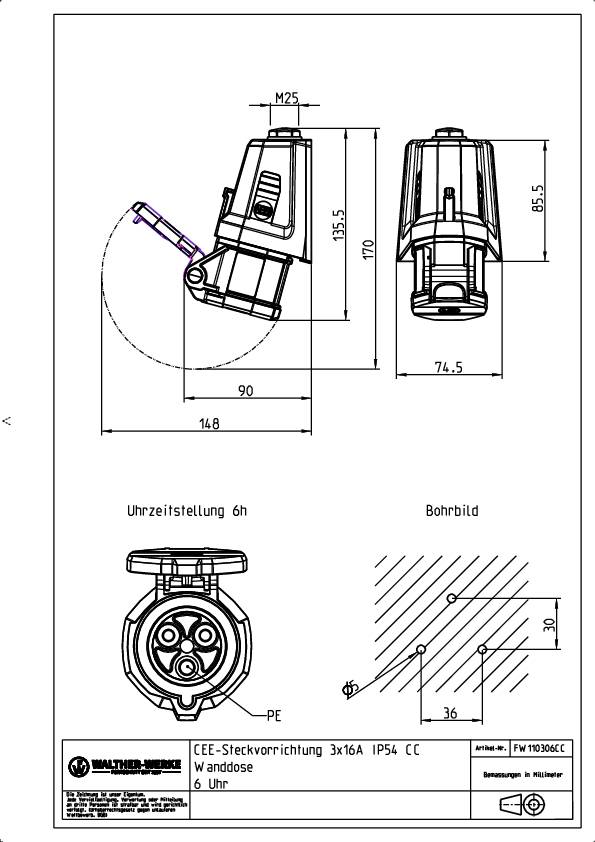 Walther Werke FW110306CC Prise murale femelle CEE 16 A 3 pôles 230 V 1 pc(s)