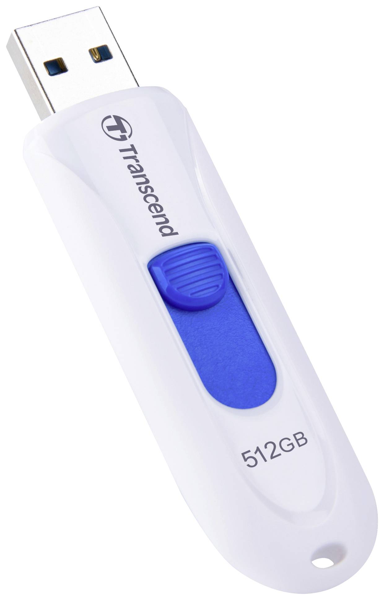 Une clé USB blanche avec un mécanisme coulissant bleu et l'inscription '512Go'. La marque est Transcend.