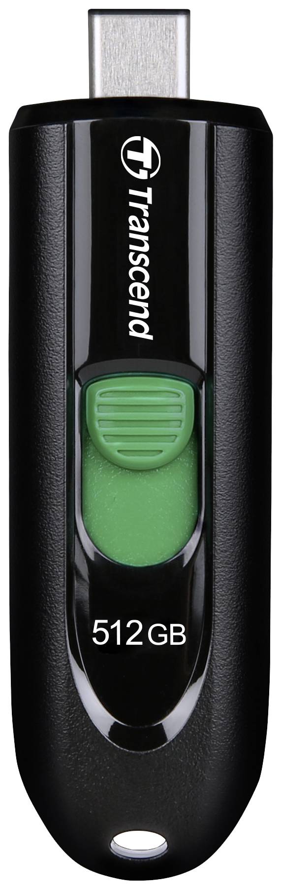 Clé USB de 512 Go, boîtier noir, bouton vert, marque Transcend. Adaptée au stockage et au transfert de données.