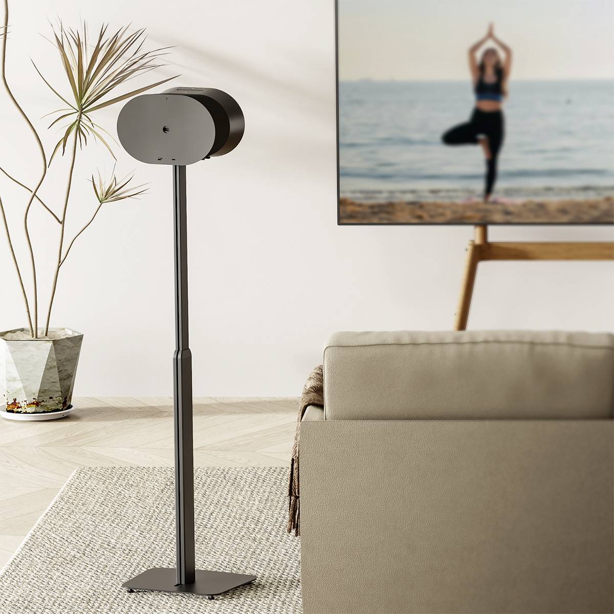 Un salon avec un support moderne au centre. À l'arrière-plan, un téléviseur diffuse l'image d'une personne pratiquant le yoga sur une plage.