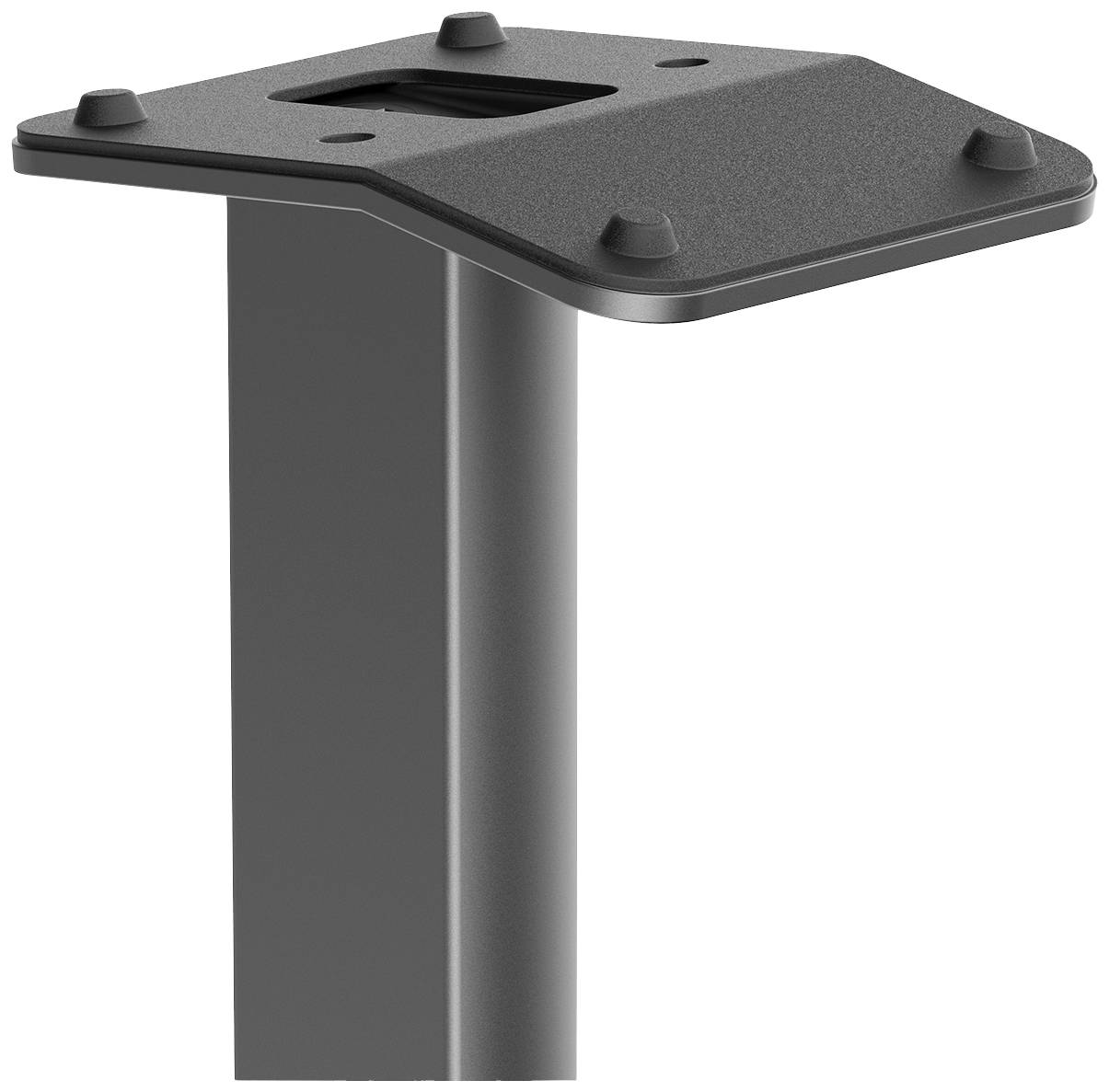 Châssis métallique noir avec plateau rectangulaire incliné et quatre trous de vis. Utilisé pour les pieds de table ou de chaise.