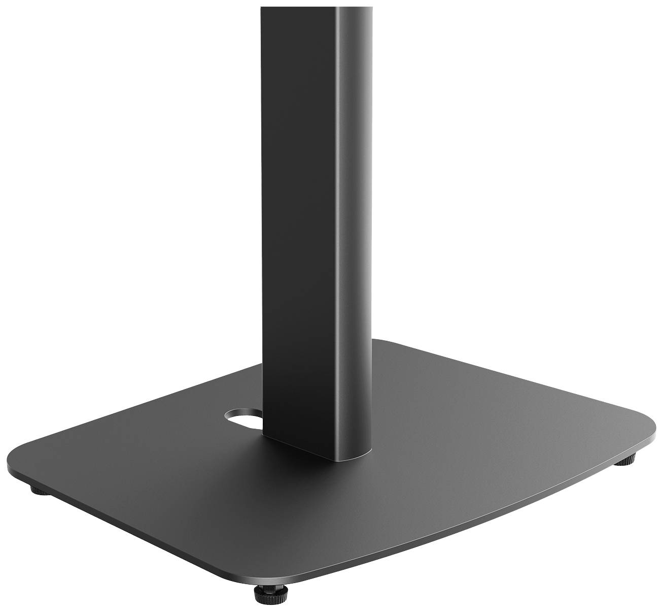 Un support en métal noir avec un socle rectangulaire et un poteau vertical central. Le design est simple et moderne.