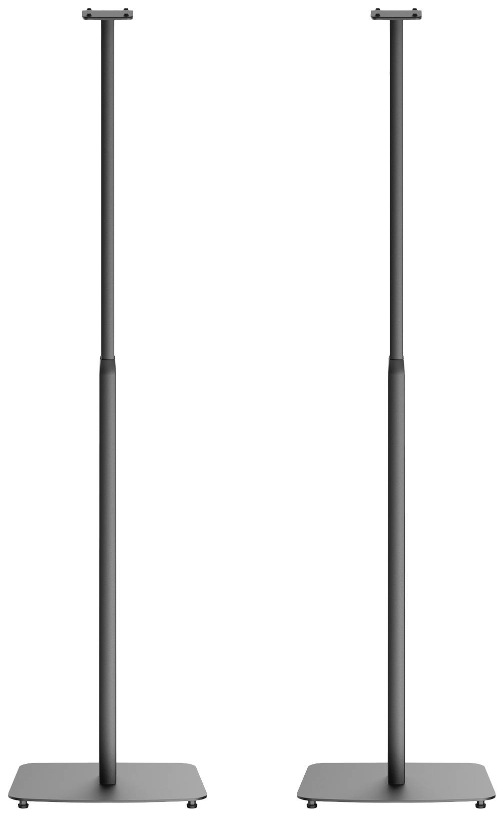 Deux supports métalliques noirs et élancés, munis de bases rectangulaires, conçus pour le placement d'enceintes dans un espace de vie ou de travail.