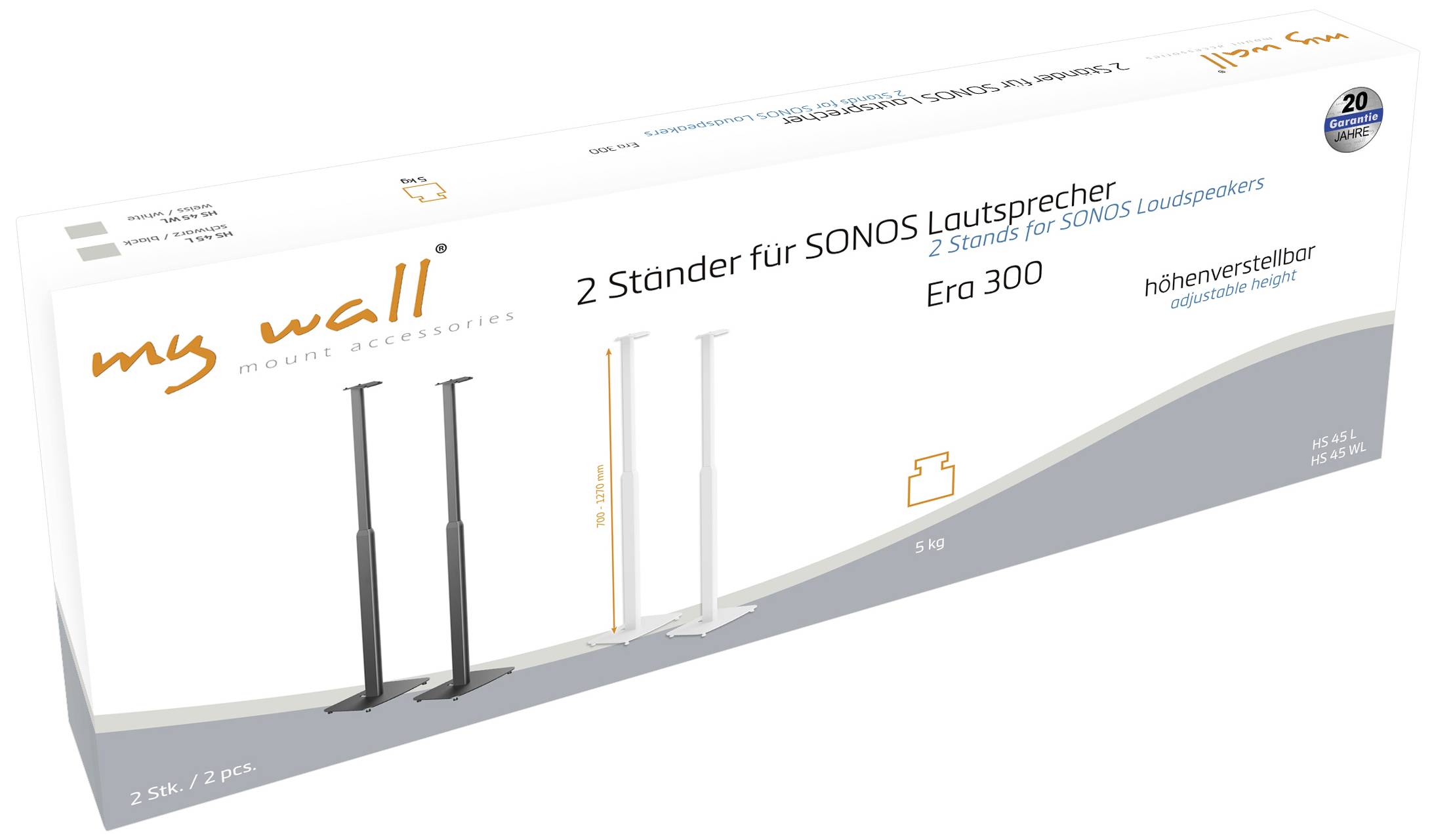 Emballage d'un support de haut-parleur pour SONOS Era 300, présentant deux supports réglables en hauteur en noir et blanc, de la marque 'my wall'.