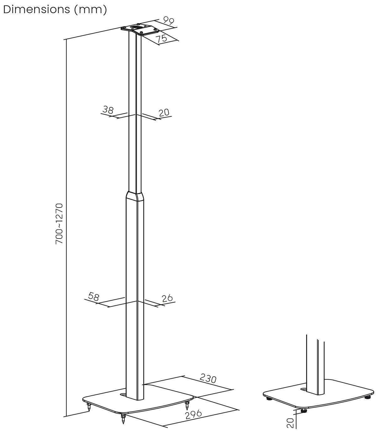 Dimensions (mm) présente un support réglable avec les caractéristiques suivantes : hauteur 700-1270, largeur supérieure 230, socle 230x230, équipé de roulettes.
