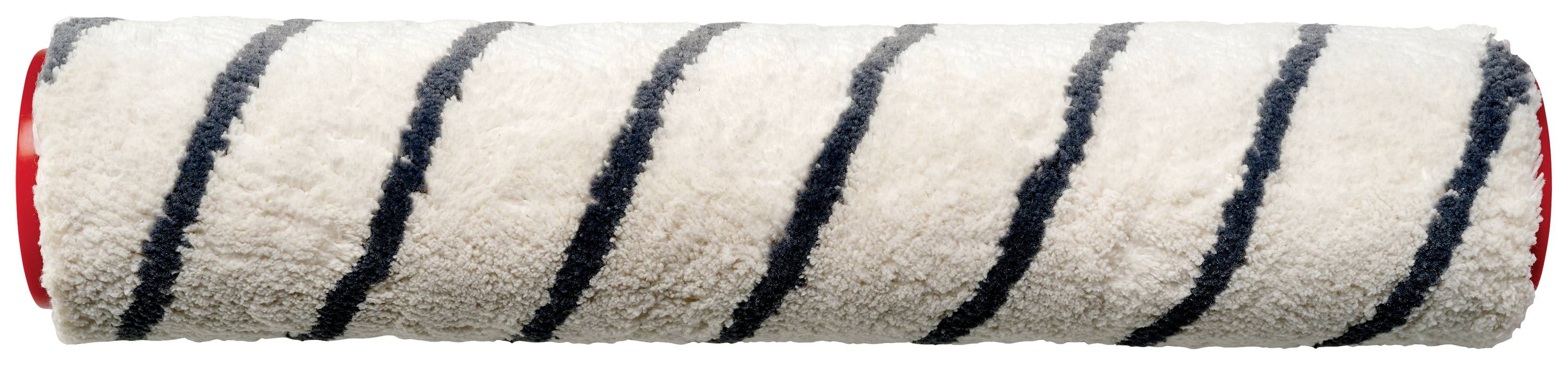 Un rouleau de peinture à motif crème et rayures noires diagonales, utilisé pour appliquer uniformément la peinture sur des surfaces.