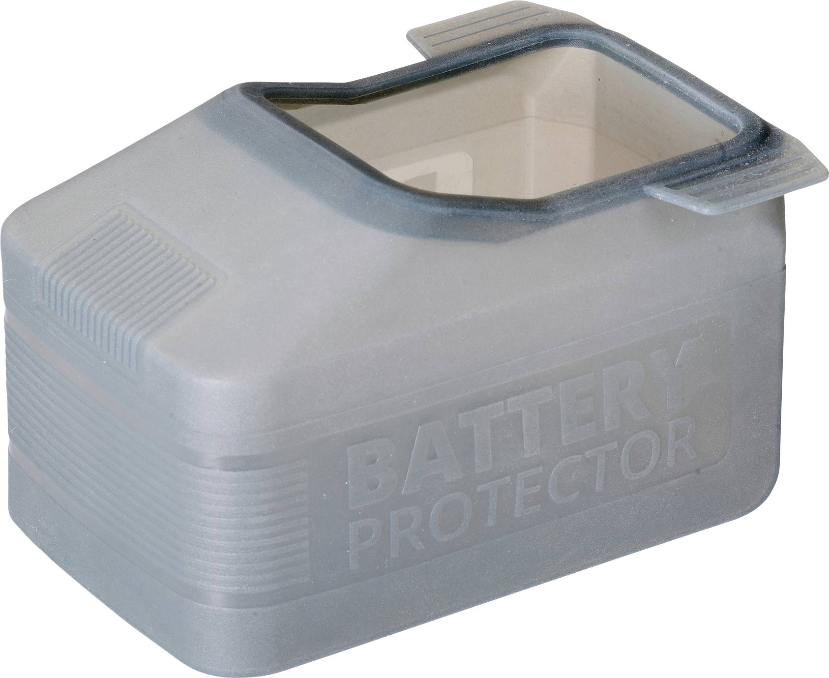 Un couvercle de protection gris pour batterie avec partie supérieure transparente, utilisé pour protéger les bornes de batterie contre la saleté et l'humidité.