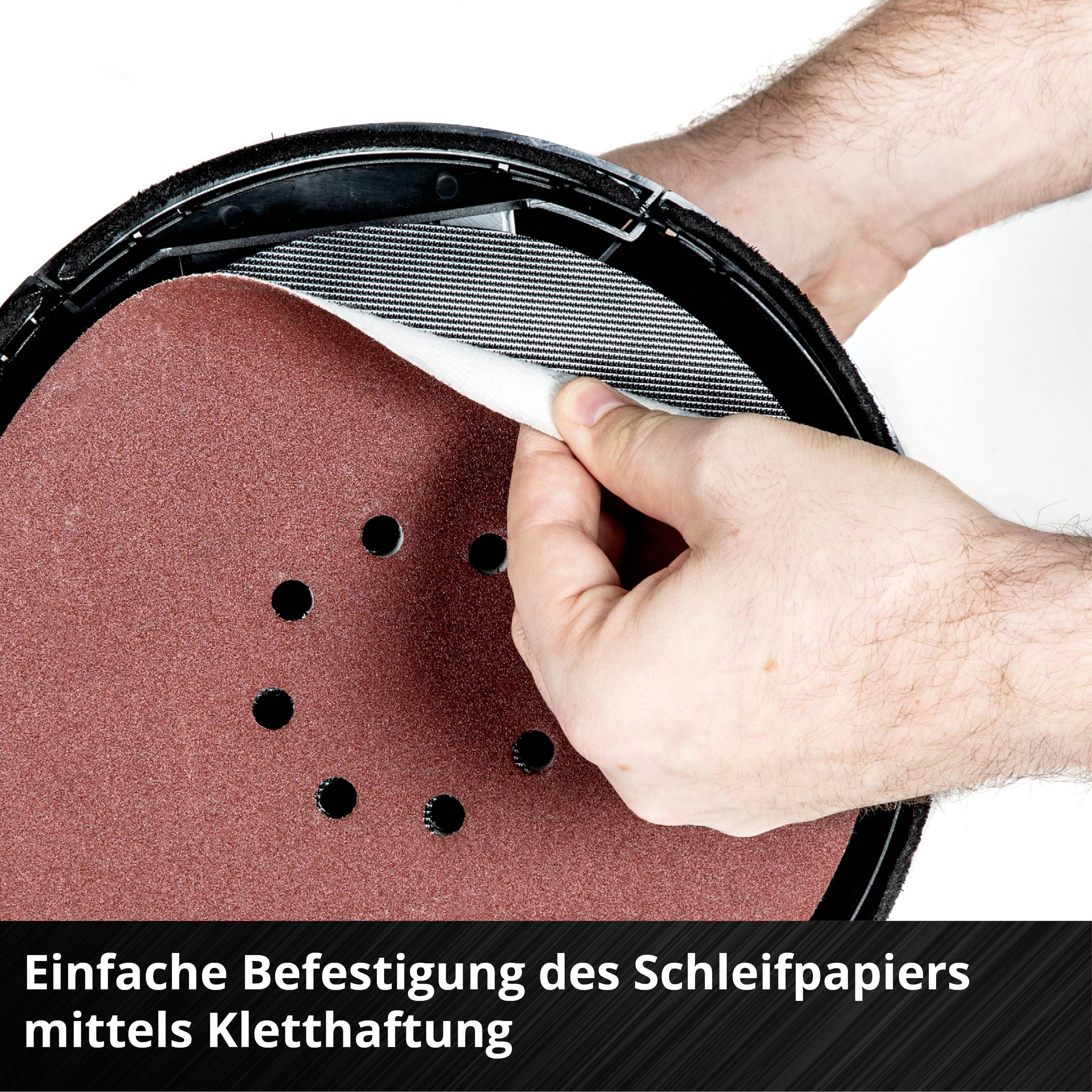 Disque de ponçage rond fixé sur plateau de ponçage par fermeture auto-agrippante. Texte : « Fixation simple du papier de ponçage grâce à l'adhérence par velcro ».